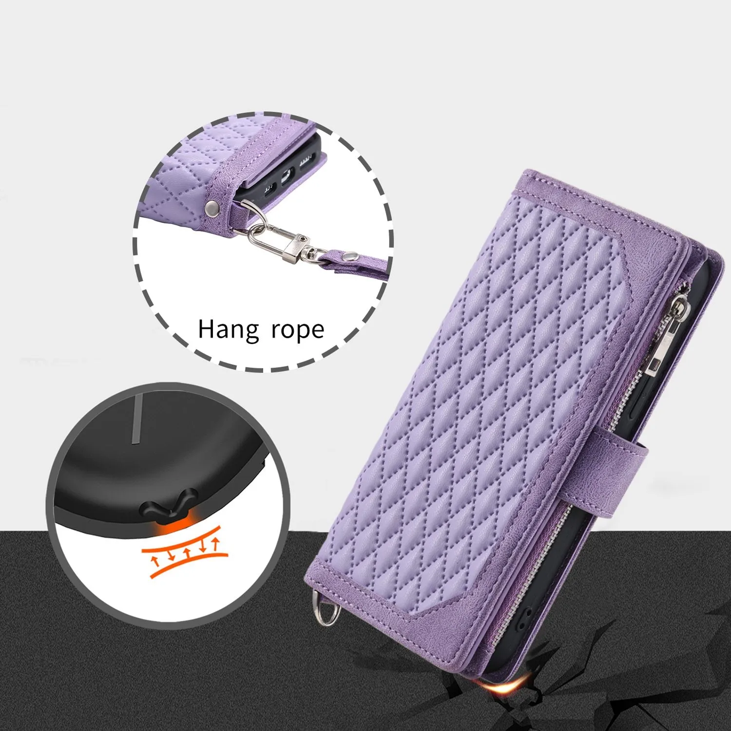 005 Style Leather Case with Strap for iPhone XS Max 6.5 inch, Rhombus Texture Zipper Pocket Phone Cover with Stand Wallet