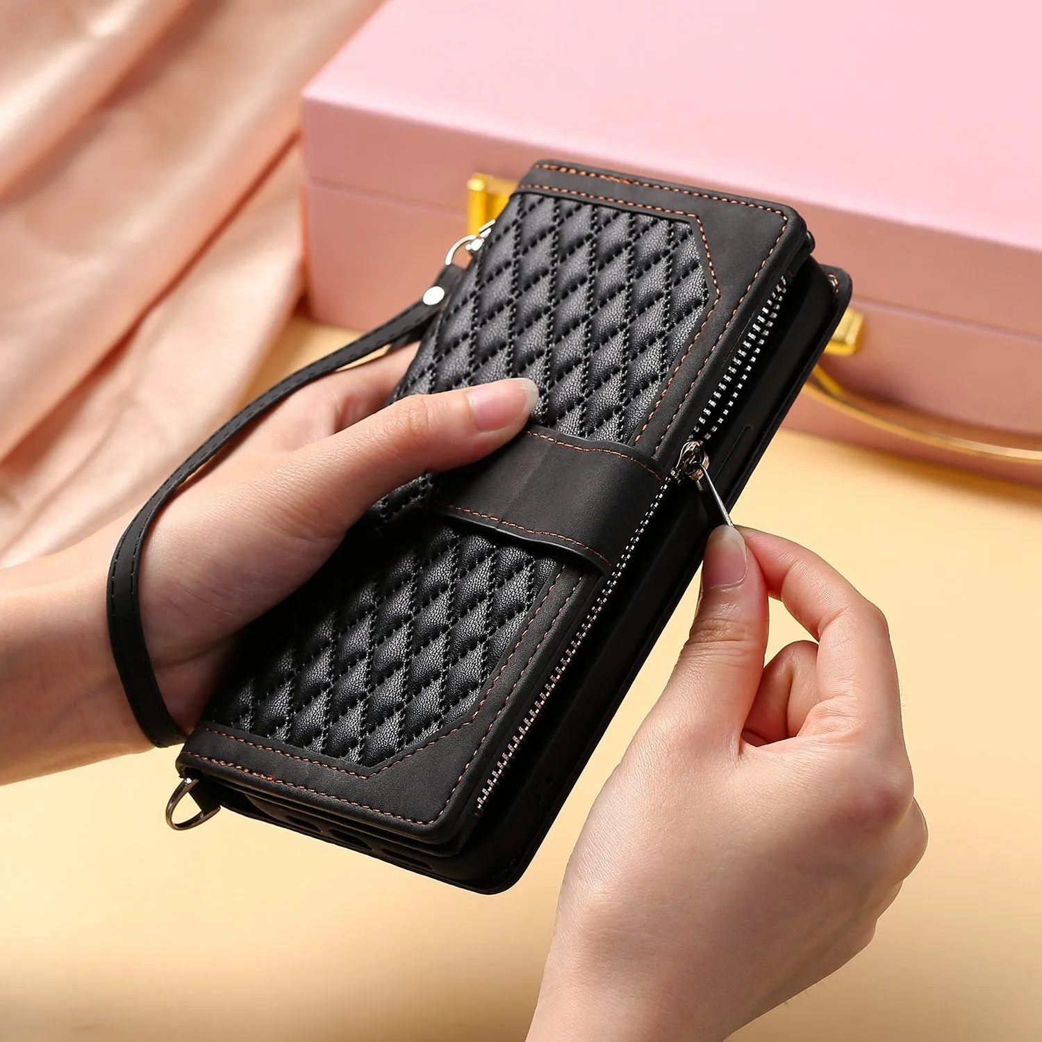 005 Style Leather Case with Strap for iPhone XS Max 6.5 inch, Rhombus Texture Zipper Pocket Phone Cover with Stand Wallet