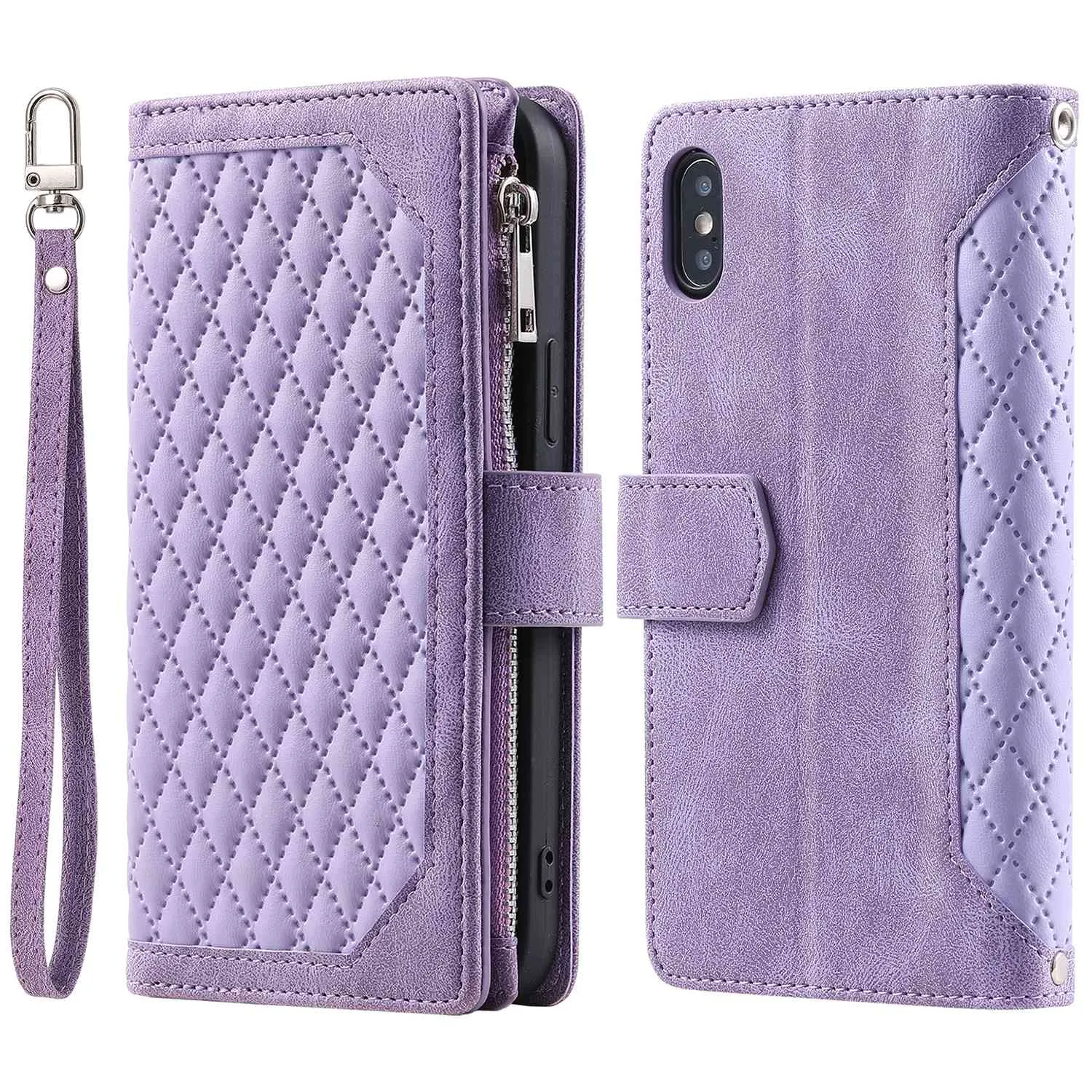 005 Style Leather Case with Strap for iPhone XS Max 6.5 inch, Rhombus Texture Zipper Pocket Phone Cover with Stand Wallet