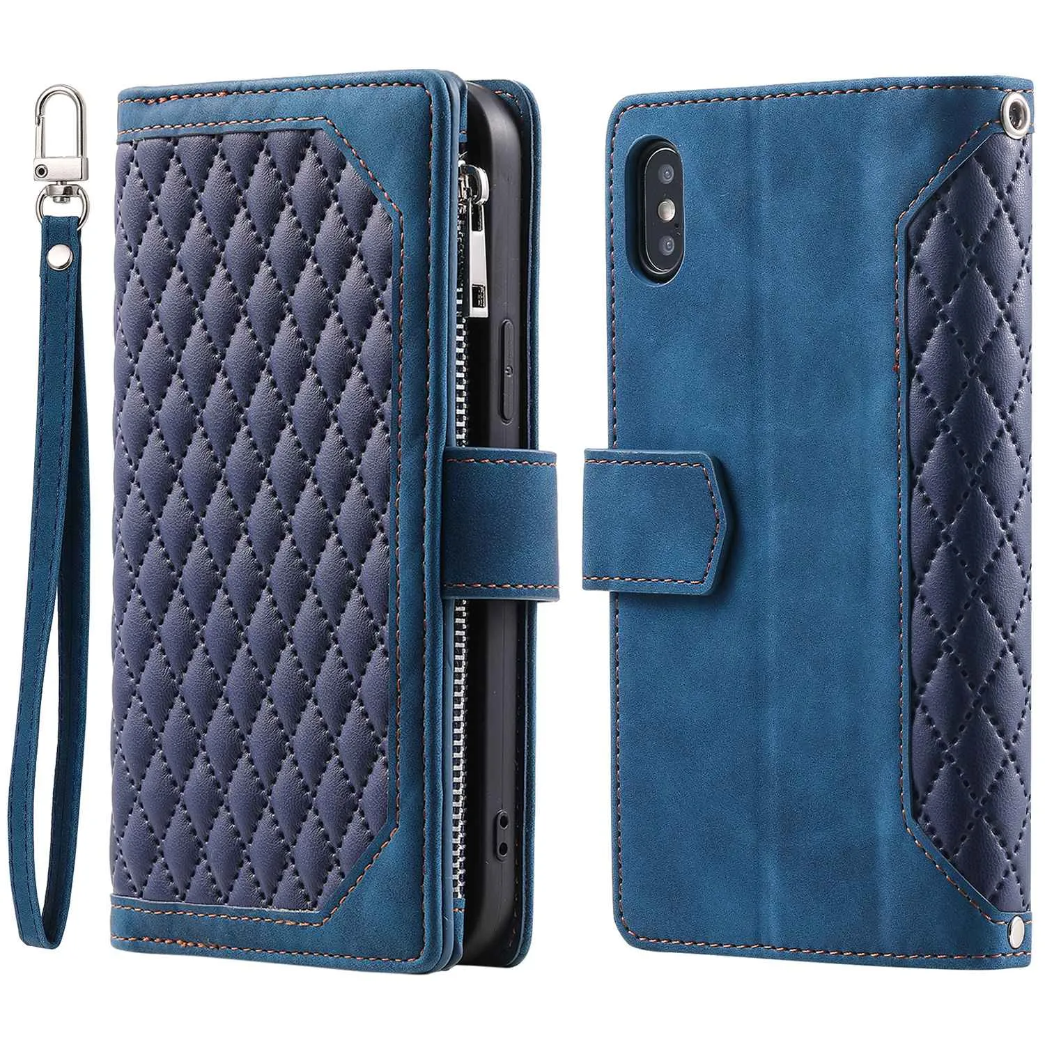 005 Style Leather Case with Strap for iPhone XS Max 6.5 inch, Rhombus Texture Zipper Pocket Phone Cover with Stand Wallet