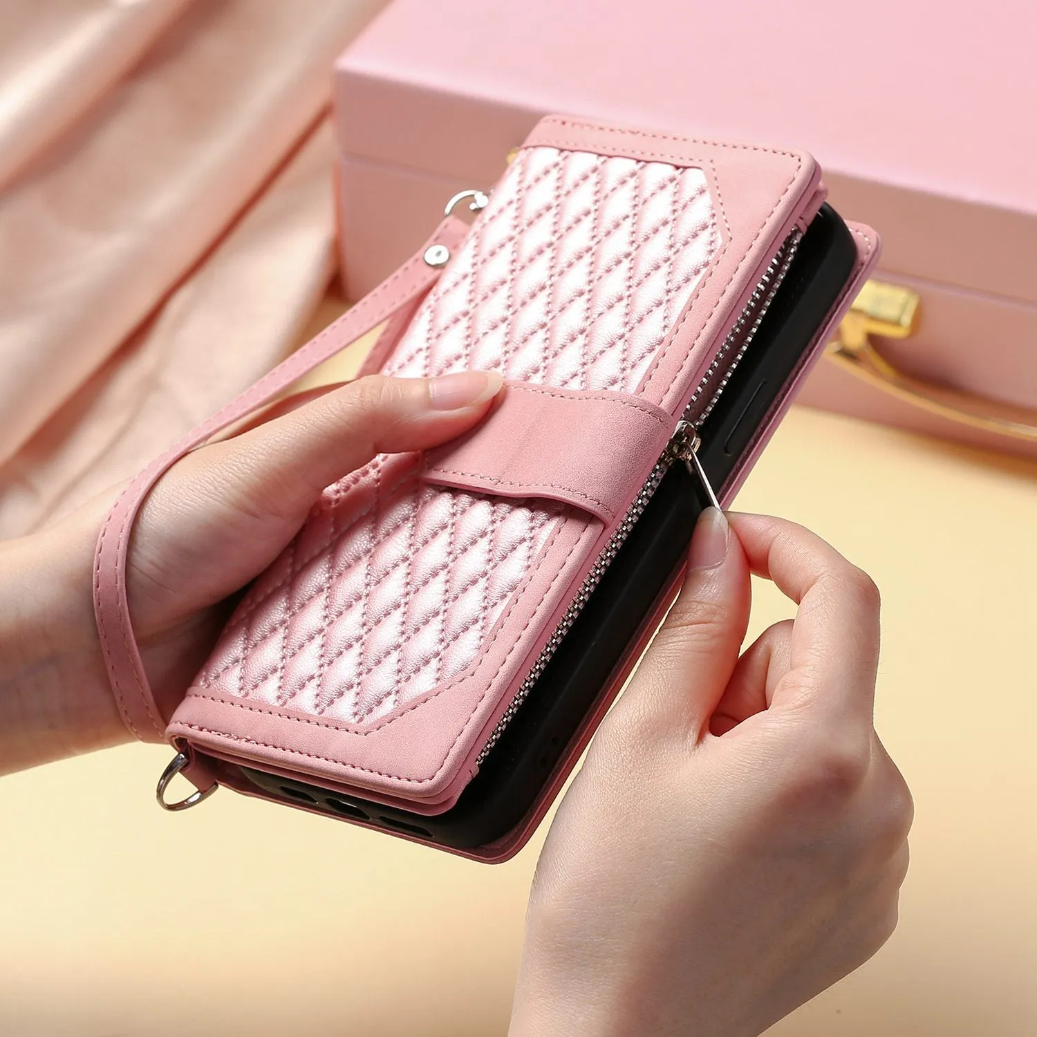 005 Style Leather Case with Strap for iPhone XS Max 6.5 inch, Rhombus Texture Zipper Pocket Phone Cover with Stand Wallet