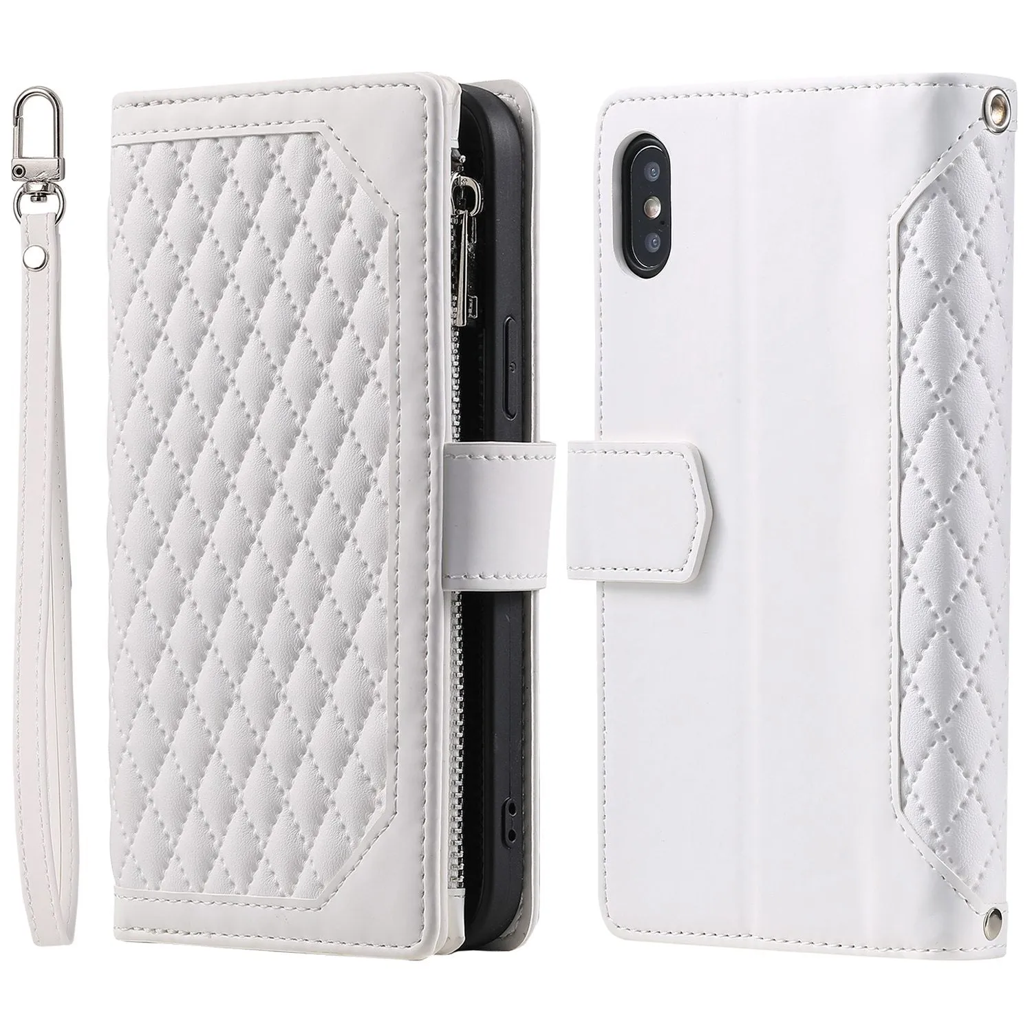 005 Style Leather Case with Strap for iPhone XS Max 6.5 inch, Rhombus Texture Zipper Pocket Phone Cover with Stand Wallet