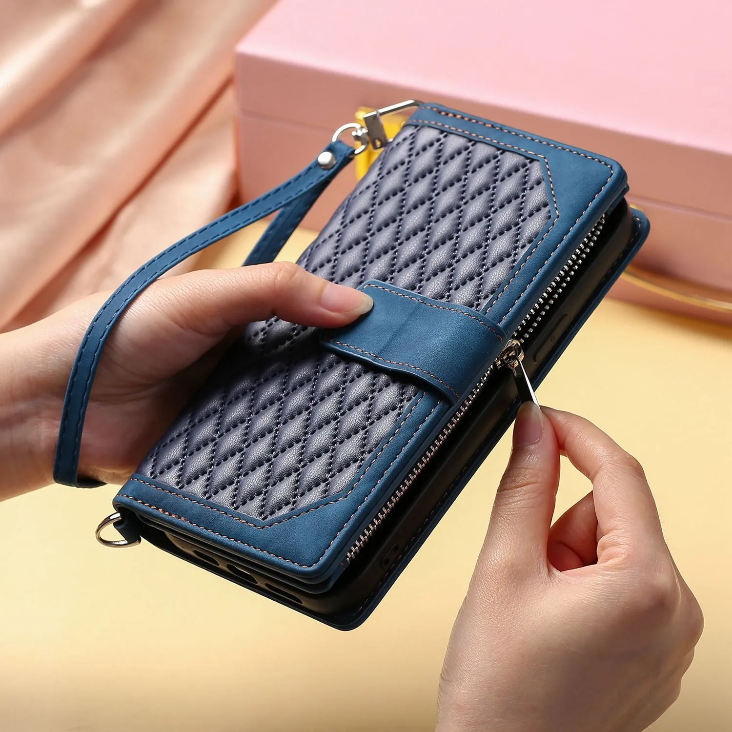 005 Style Leather Case with Strap for iPhone XS Max 6.5 inch, Rhombus Texture Zipper Pocket Phone Cover with Stand Wallet