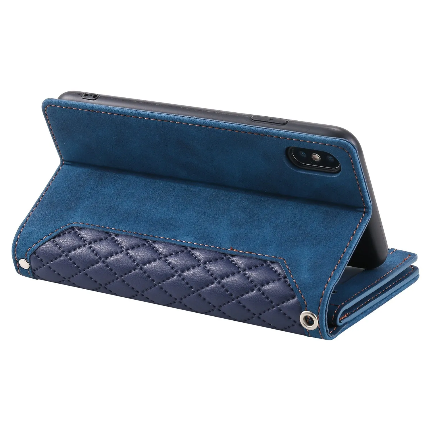 005 Style Leather Case with Strap for iPhone XS Max 6.5 inch, Rhombus Texture Zipper Pocket Phone Cover with Stand Wallet