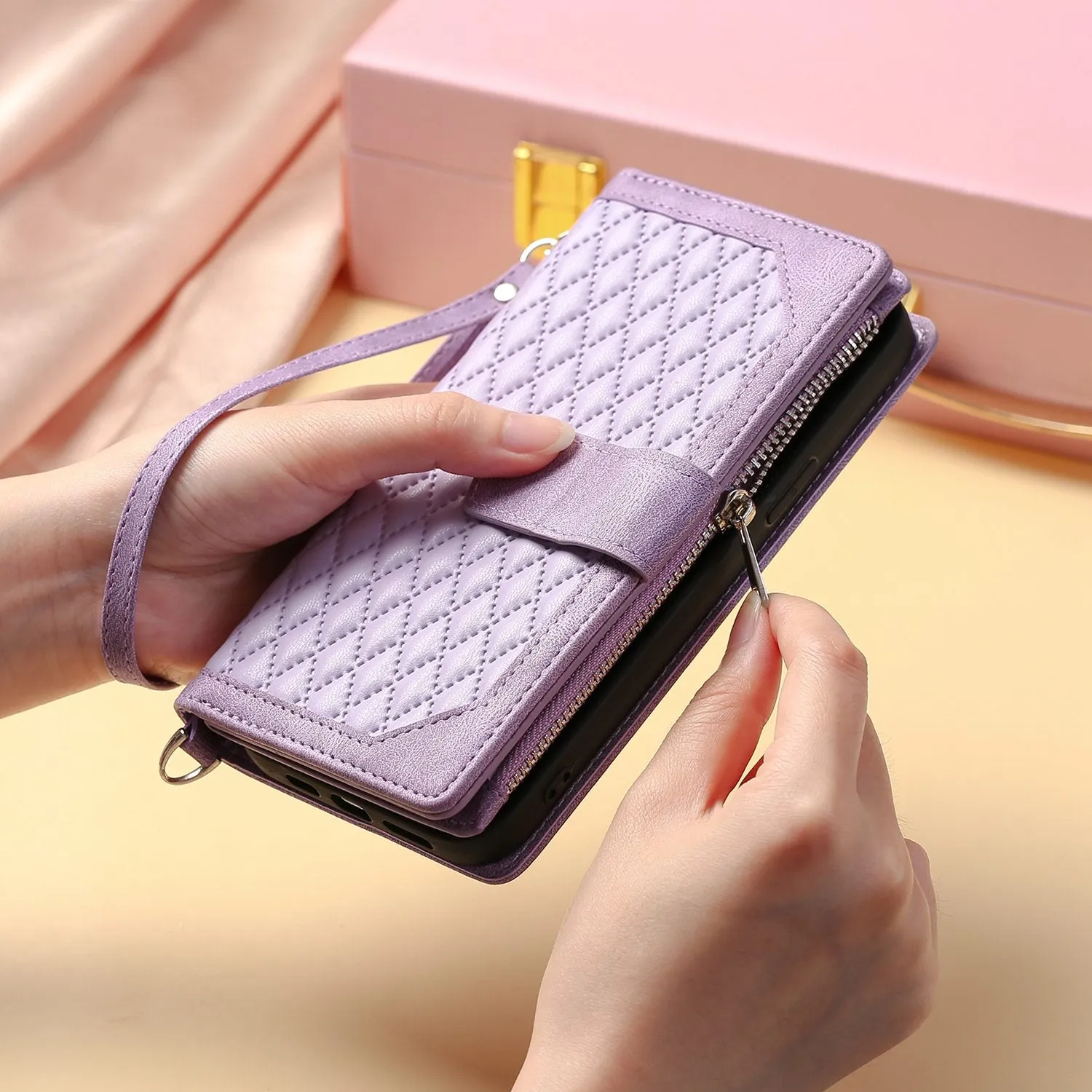 005 Style Leather Case with Strap for iPhone XS Max 6.5 inch, Rhombus Texture Zipper Pocket Phone Cover with Stand Wallet