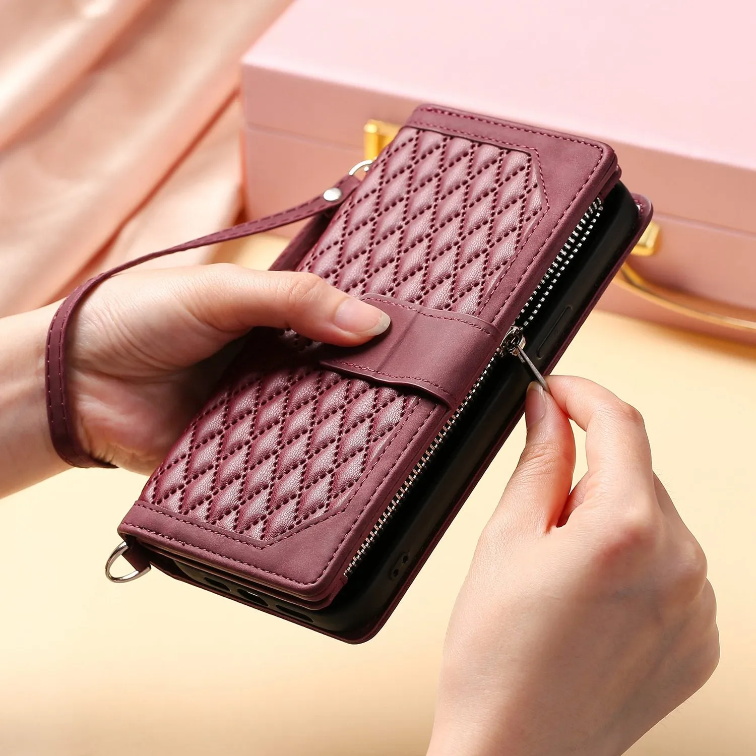 005 Style Leather Case with Strap for iPhone XS Max 6.5 inch, Rhombus Texture Zipper Pocket Phone Cover with Stand Wallet