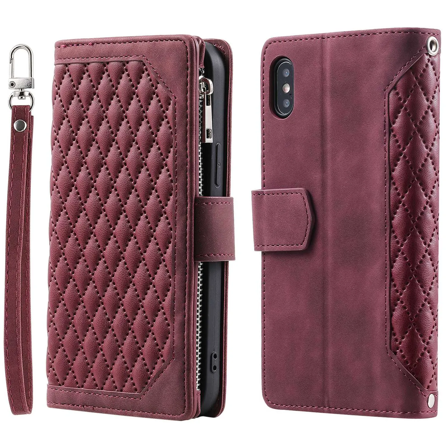 005 Style Leather Case with Strap for iPhone XS Max 6.5 inch, Rhombus Texture Zipper Pocket Phone Cover with Stand Wallet