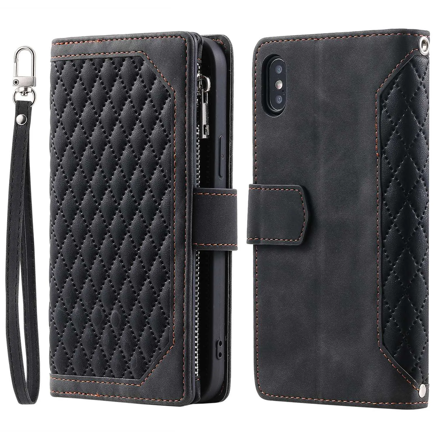 005 Style Leather Case with Strap for iPhone XS Max 6.5 inch, Rhombus Texture Zipper Pocket Phone Cover with Stand Wallet