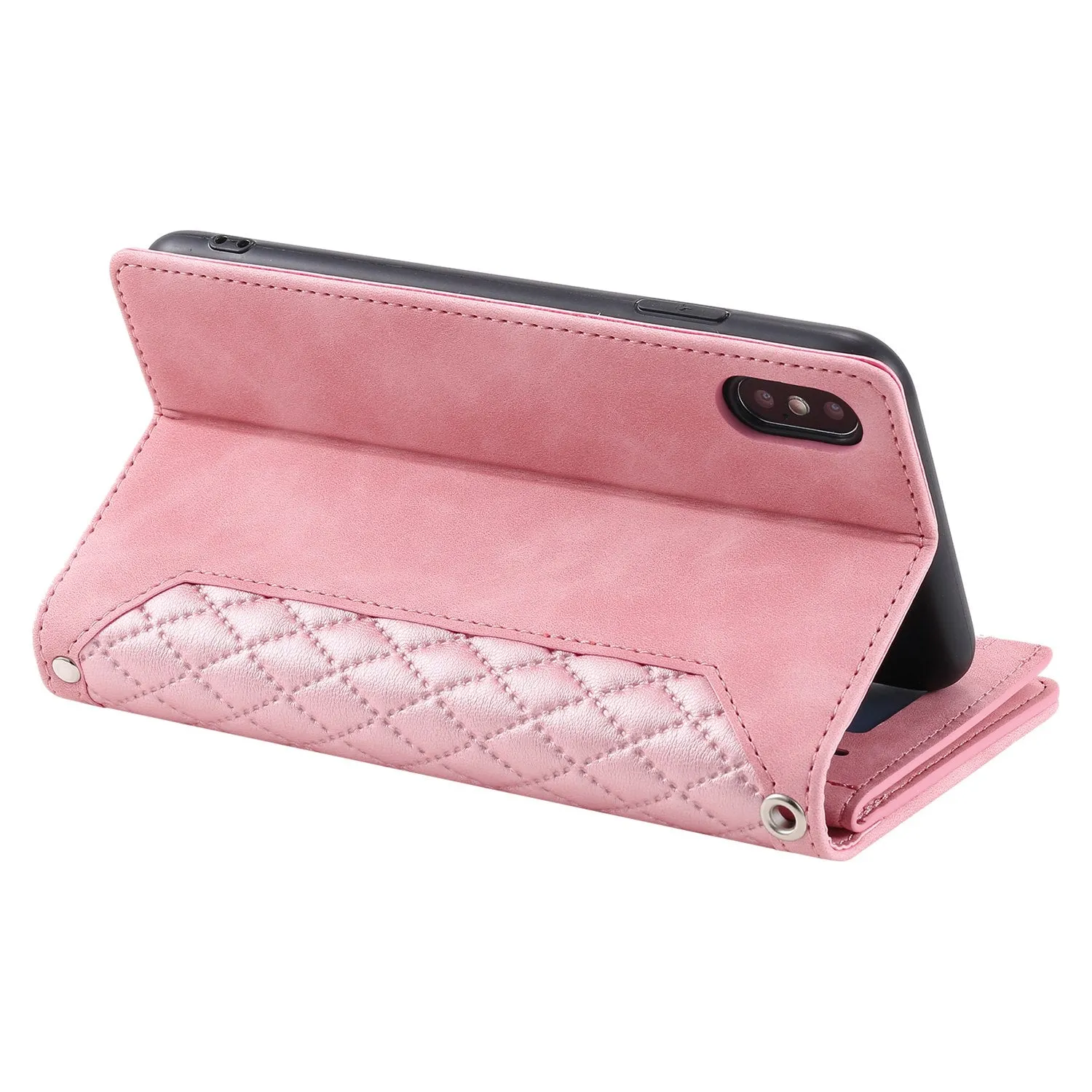 005 Style Leather Case with Strap for iPhone XS Max 6.5 inch, Rhombus Texture Zipper Pocket Phone Cover with Stand Wallet