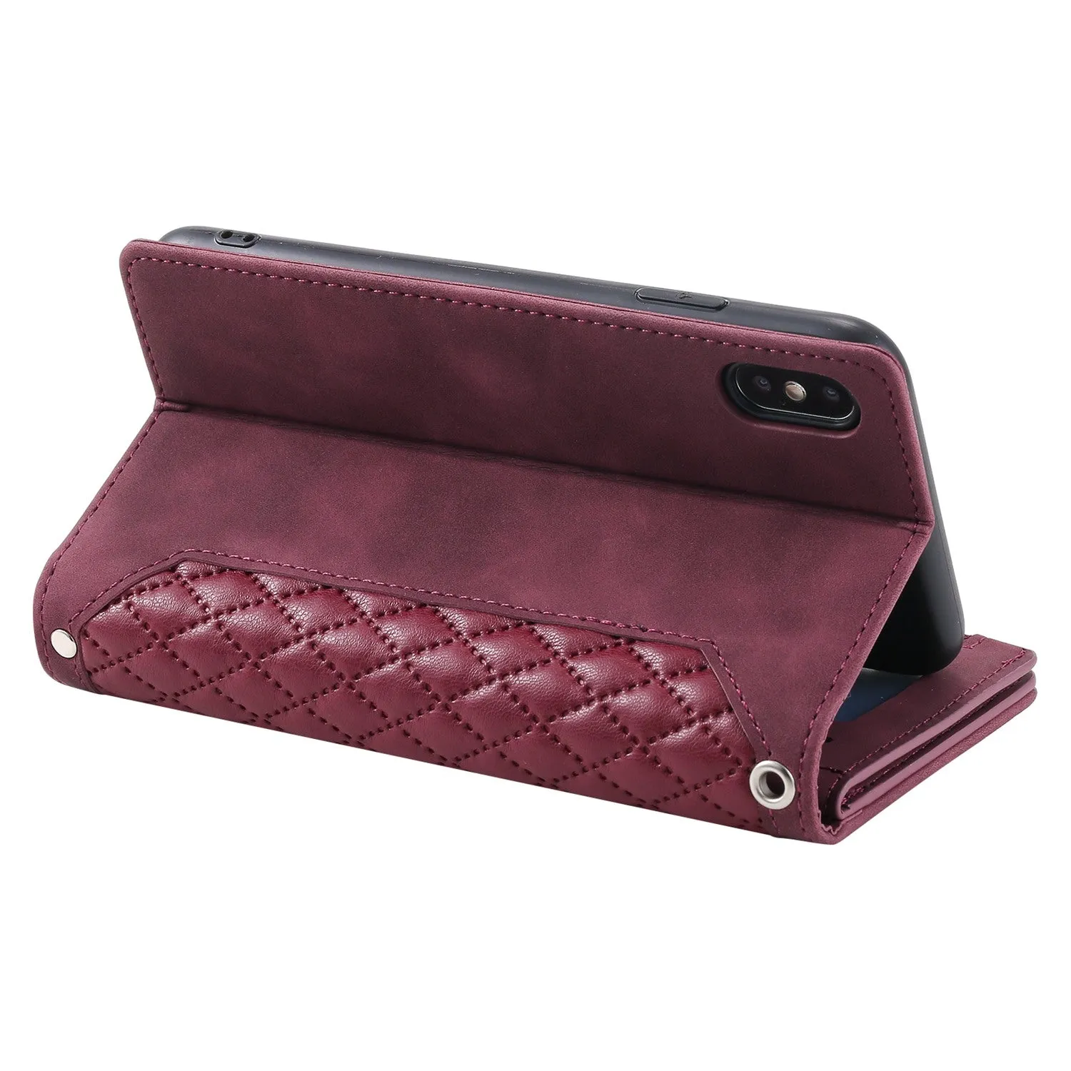 005 Style Leather Case with Strap for iPhone XS Max 6.5 inch, Rhombus Texture Zipper Pocket Phone Cover with Stand Wallet