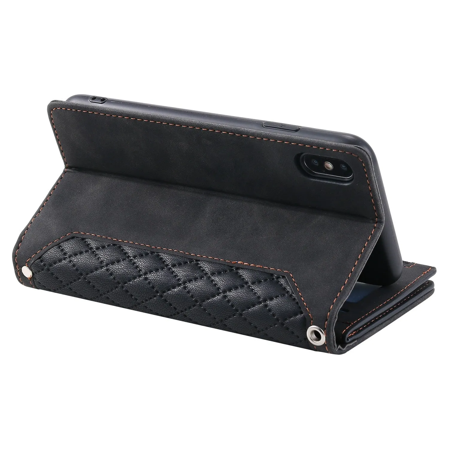 005 Style Leather Case with Strap for iPhone XS Max 6.5 inch, Rhombus Texture Zipper Pocket Phone Cover with Stand Wallet