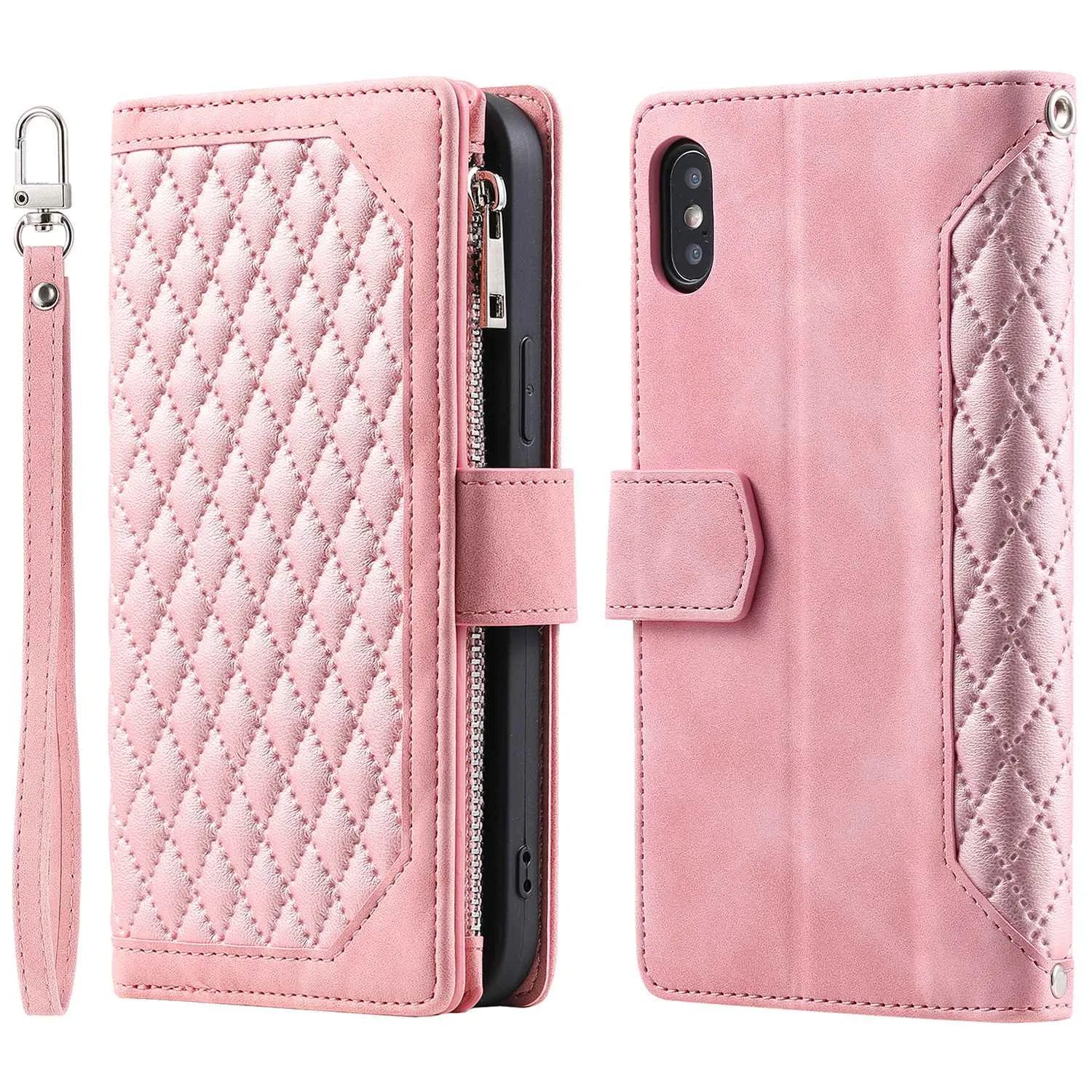 005 Style Leather Case with Strap for iPhone XS Max 6.5 inch, Rhombus Texture Zipper Pocket Phone Cover with Stand Wallet