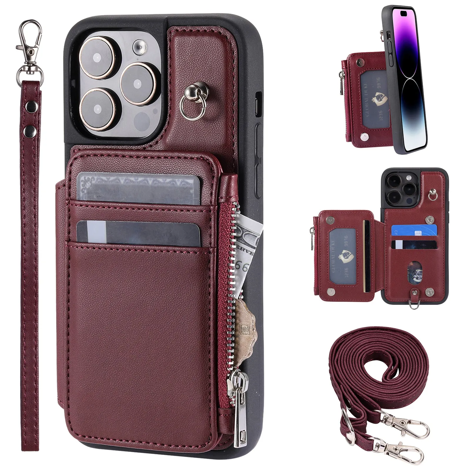 009 Kickstand Phone Case for iPhone 15 Pro Max Zipper Wallet Phone Cover RFID Blocking PU TPU Case with Straps