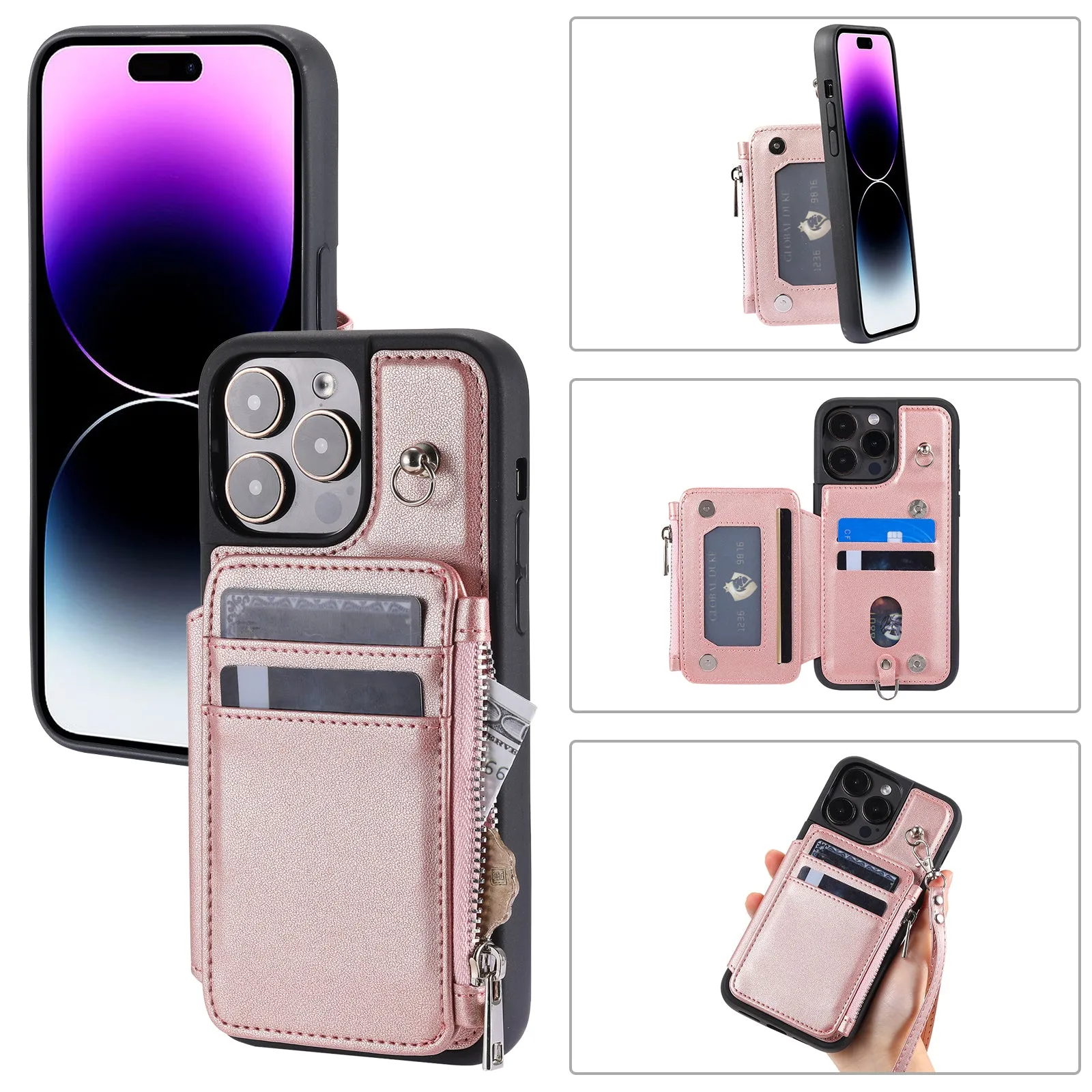 009 Kickstand Phone Case for iPhone 15 Pro Max Zipper Wallet Phone Cover RFID Blocking PU TPU Case with Straps