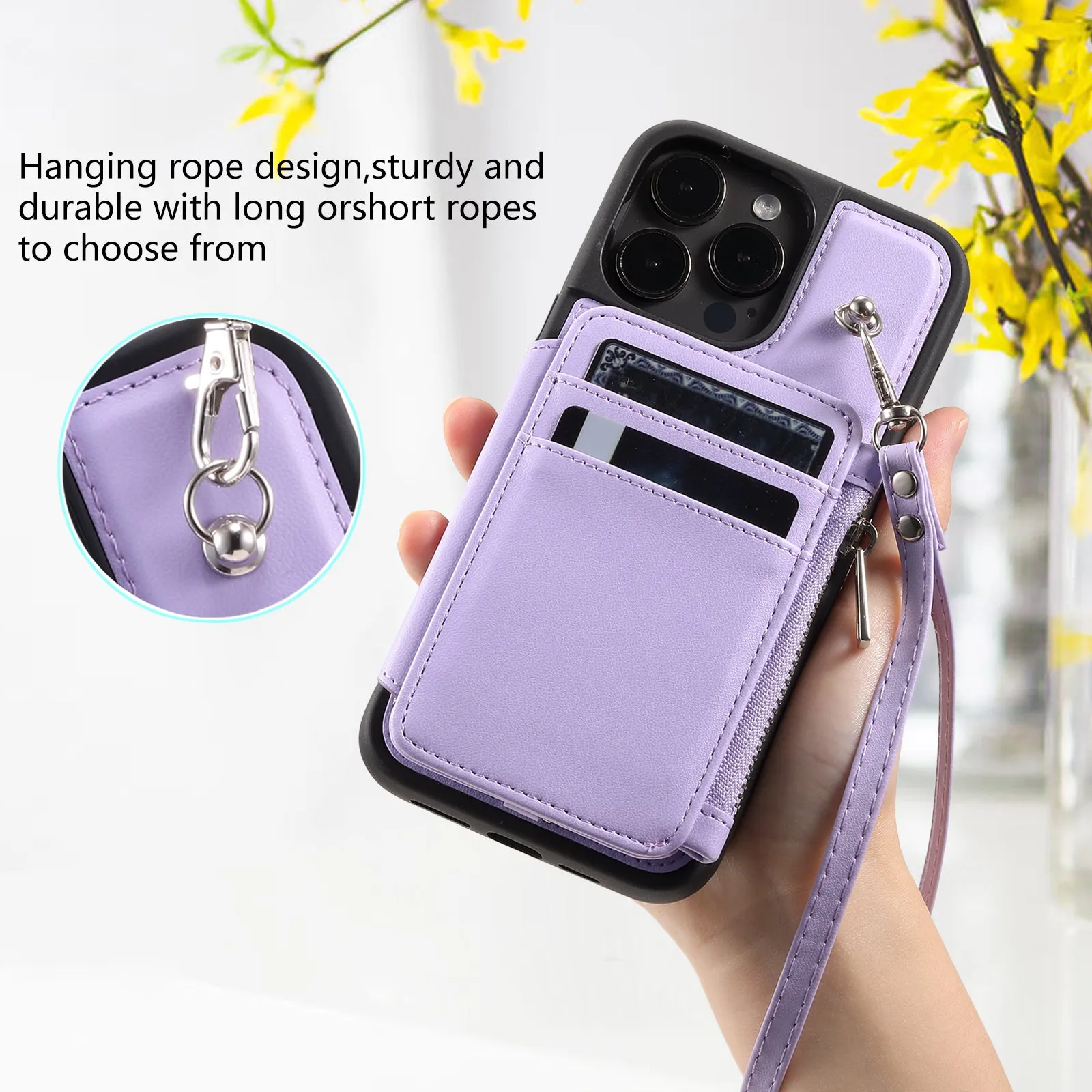 009 Kickstand Phone Case for iPhone 15 Pro Max Zipper Wallet Phone Cover RFID Blocking PU TPU Case with Straps