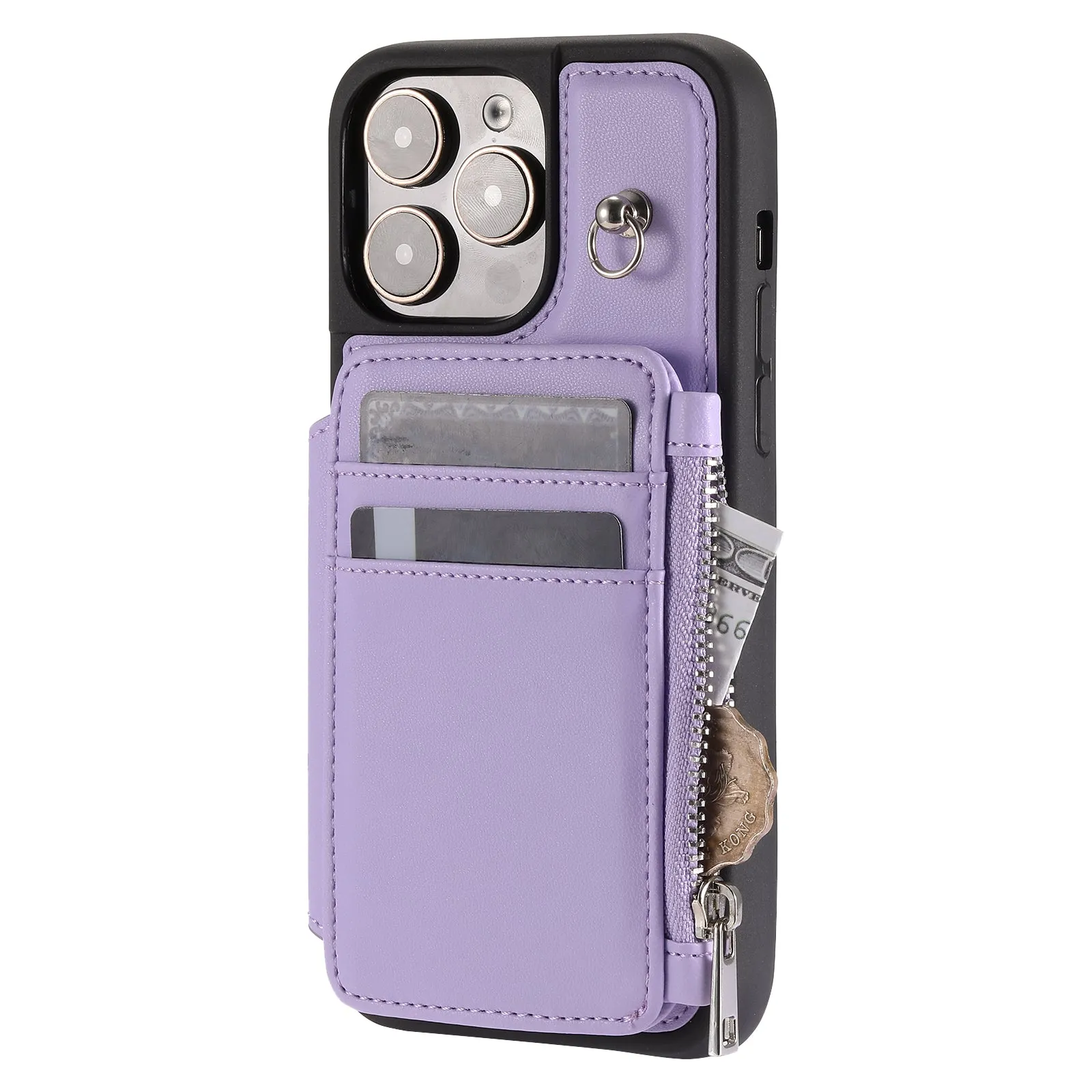 009 Kickstand Phone Case for iPhone 15 Pro Max Zipper Wallet Phone Cover RFID Blocking PU TPU Case with Straps