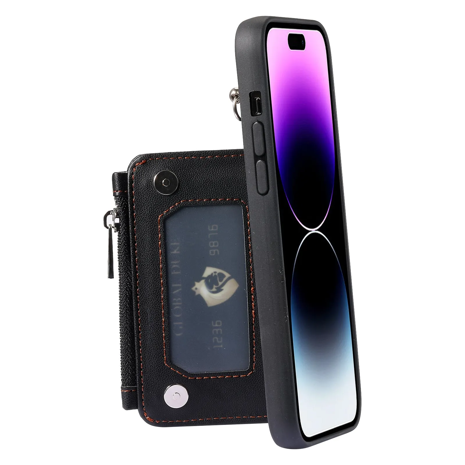 009 Kickstand Phone Case for iPhone 15 Pro Max Zipper Wallet Phone Cover RFID Blocking PU TPU Case with Straps