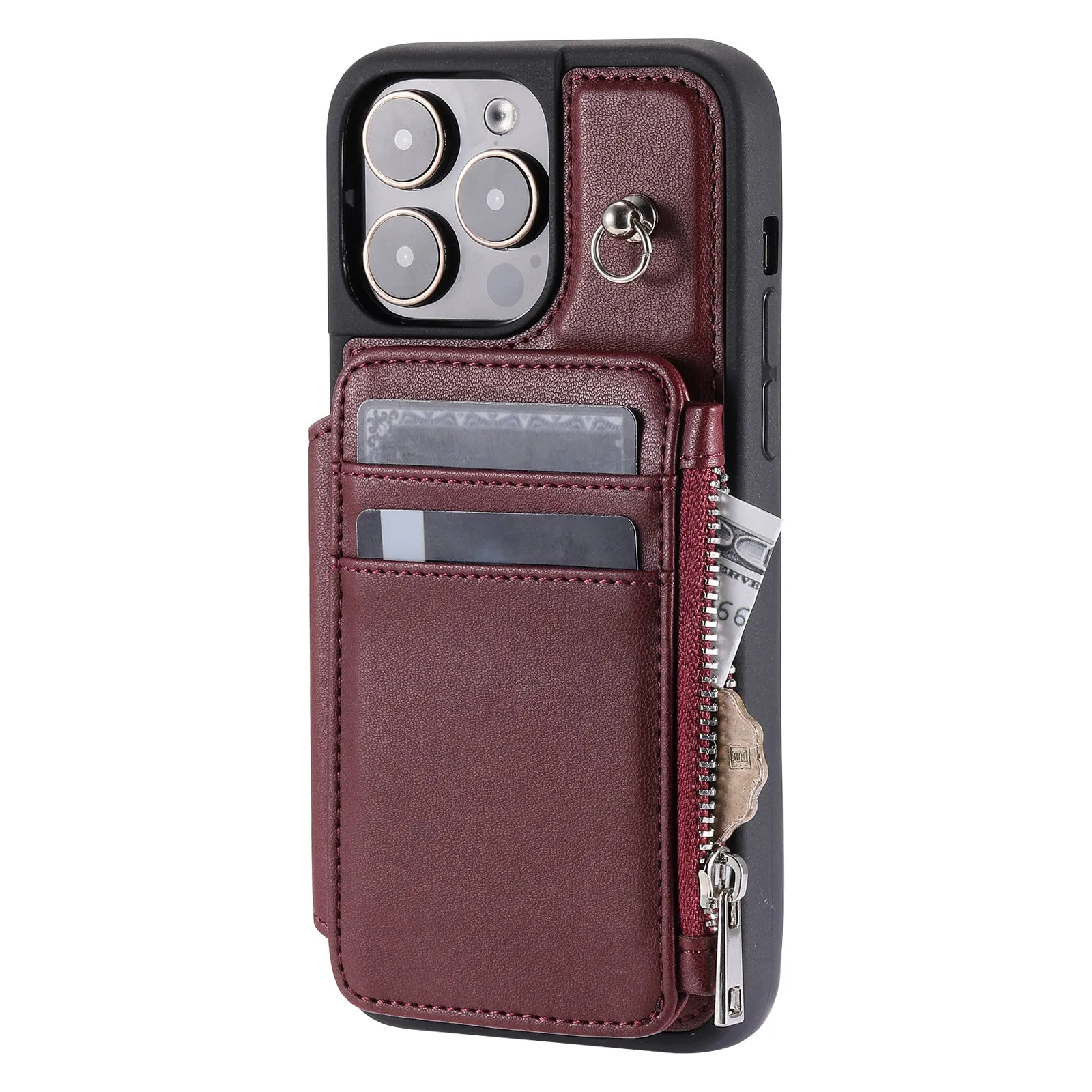 009 Kickstand Phone Case for iPhone 15 Pro Max Zipper Wallet Phone Cover RFID Blocking PU TPU Case with Straps