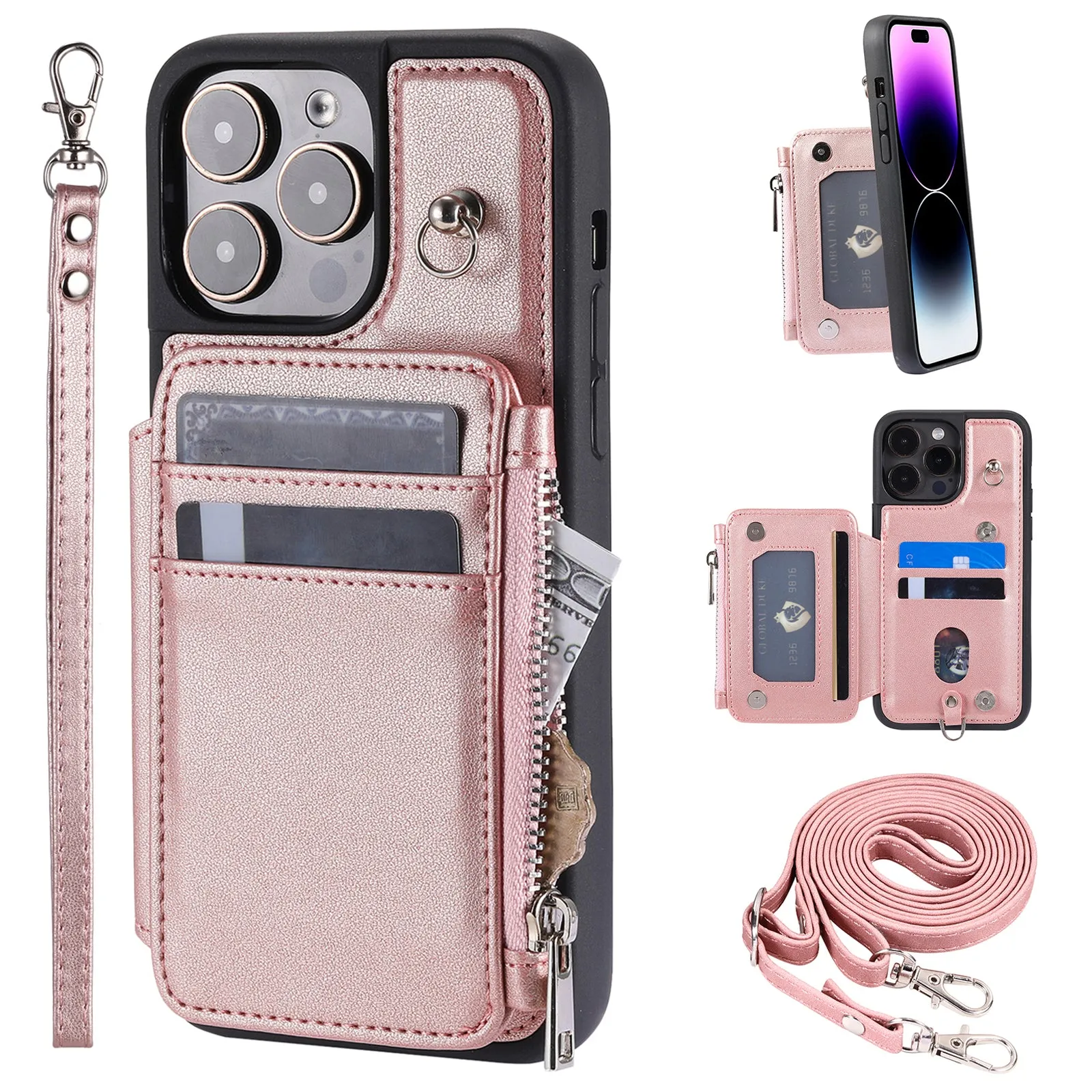 009 Kickstand Phone Case for iPhone 15 Pro Max Zipper Wallet Phone Cover RFID Blocking PU TPU Case with Straps