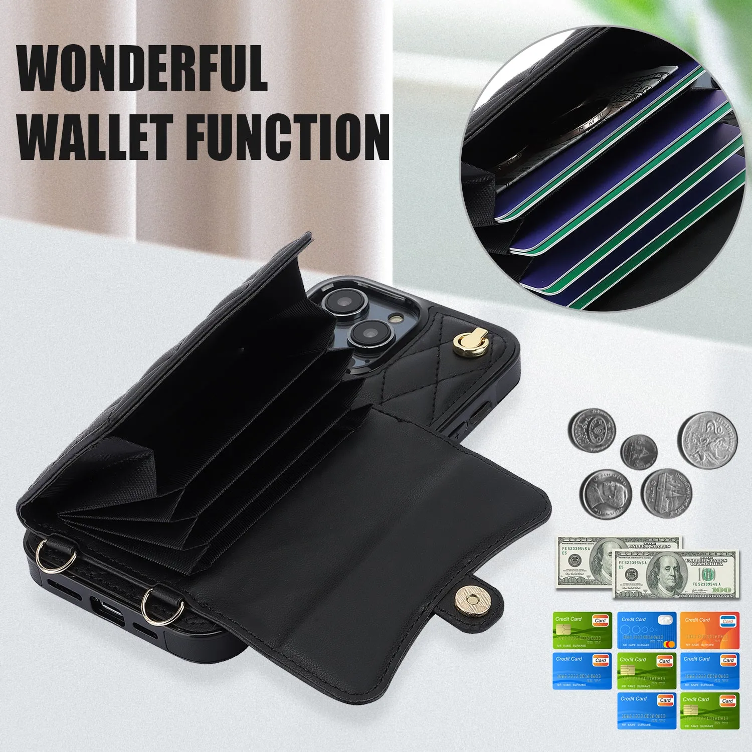 026 For iPhone 15 Pro Max PU Leather TPU Kickstand Cover RFID Blocking Card Slots Phone Case with Short and Long Straps