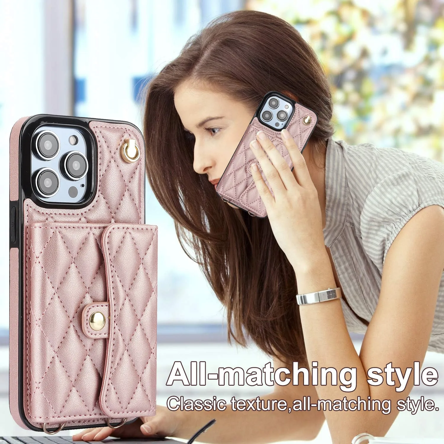 026 For iPhone 15 Pro Max PU Leather TPU Kickstand Cover RFID Blocking Card Slots Phone Case with Short and Long Straps