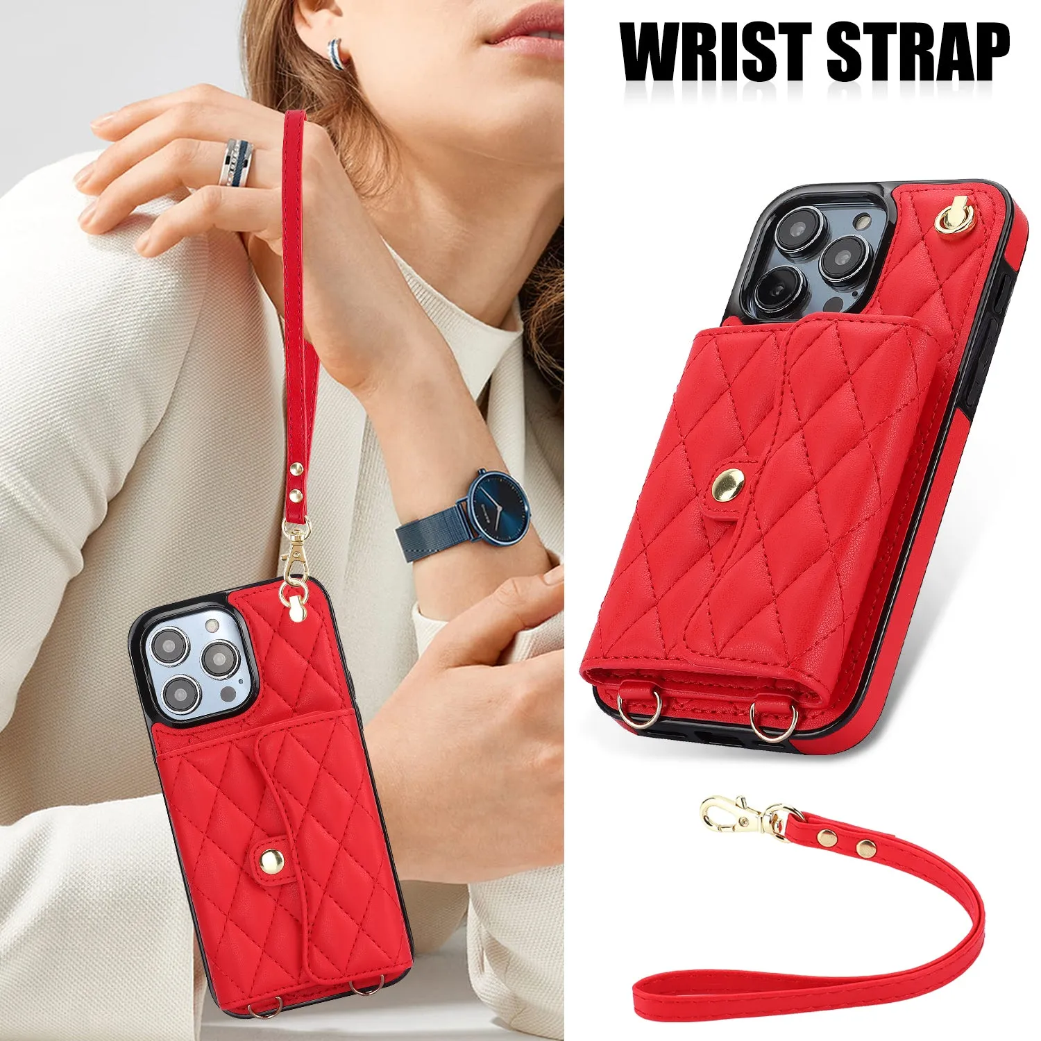 026 For iPhone 15 Pro Max PU Leather TPU Kickstand Cover RFID Blocking Card Slots Phone Case with Short and Long Straps