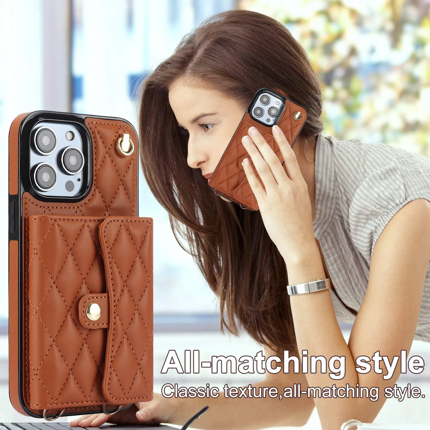 026 For iPhone 15 Pro Max PU Leather TPU Kickstand Cover RFID Blocking Card Slots Phone Case with Short and Long Straps