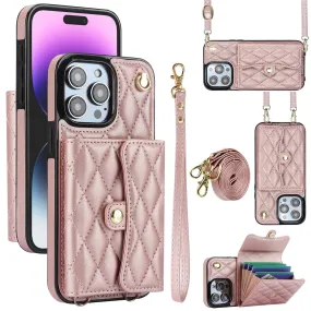 026 For iPhone 15 Pro Max PU Leather TPU Kickstand Cover RFID Blocking Card Slots Phone Case with Short and Long Straps