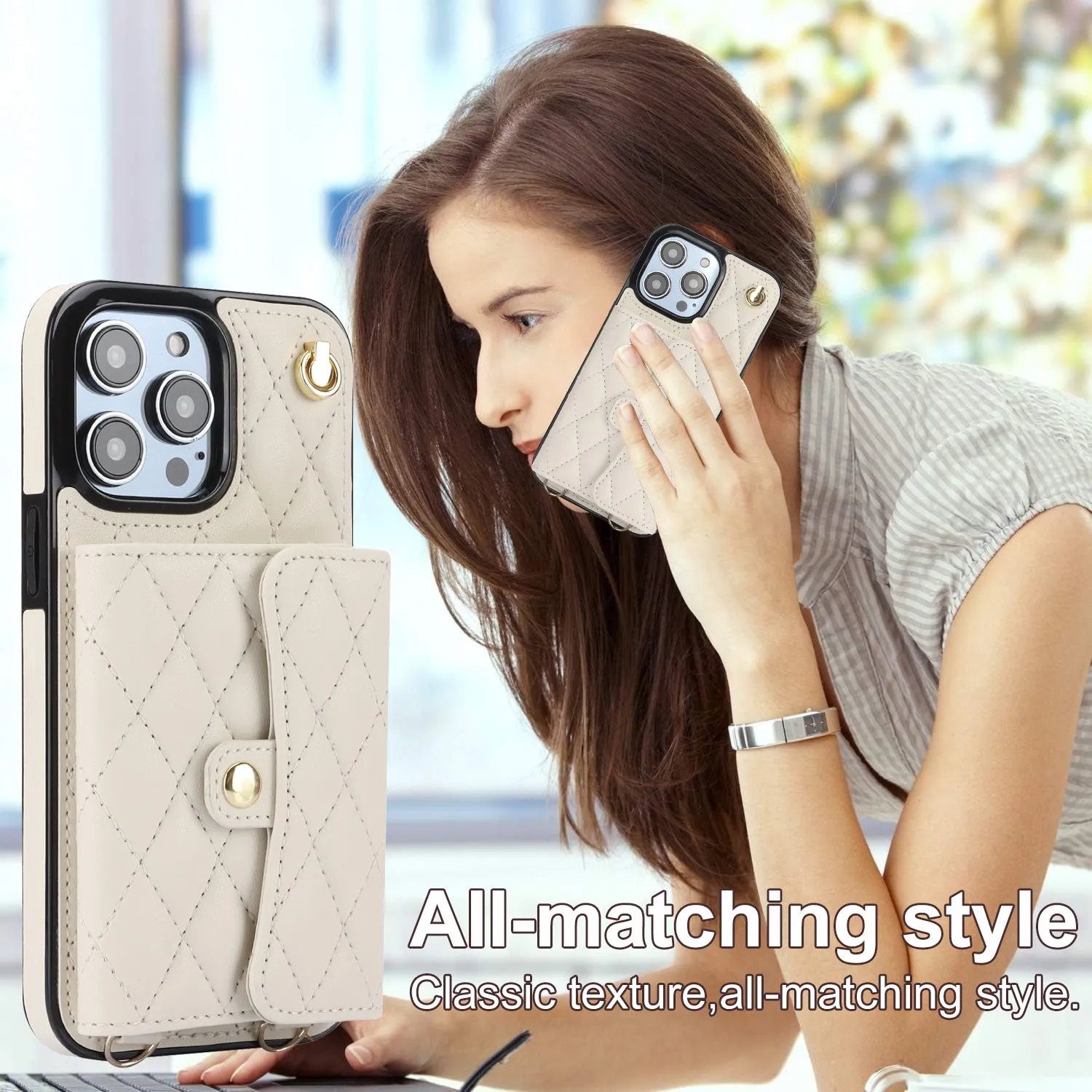 026 For iPhone 15 Pro Max PU Leather TPU Kickstand Cover RFID Blocking Card Slots Phone Case with Short and Long Straps