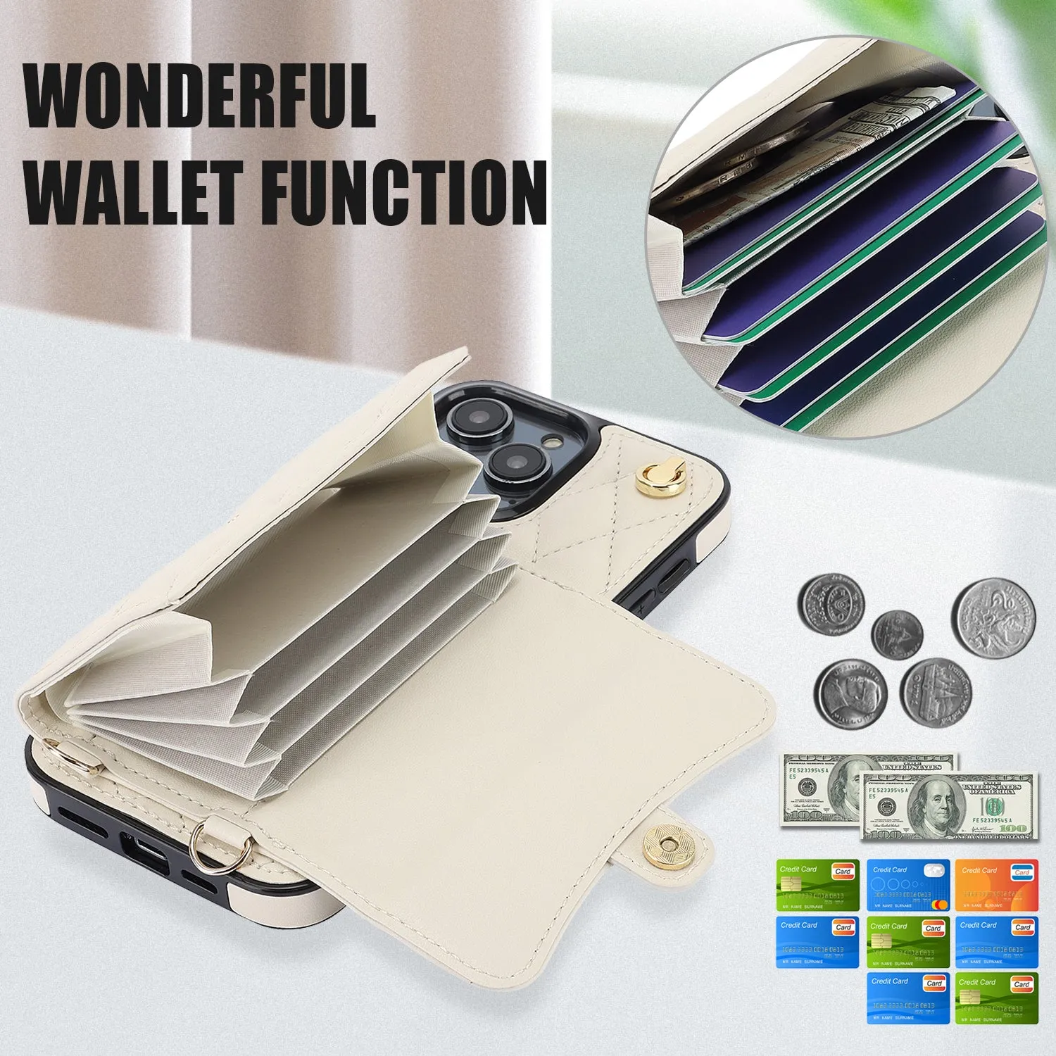 026 For iPhone 15 Pro Max PU Leather TPU Kickstand Cover RFID Blocking Card Slots Phone Case with Short and Long Straps