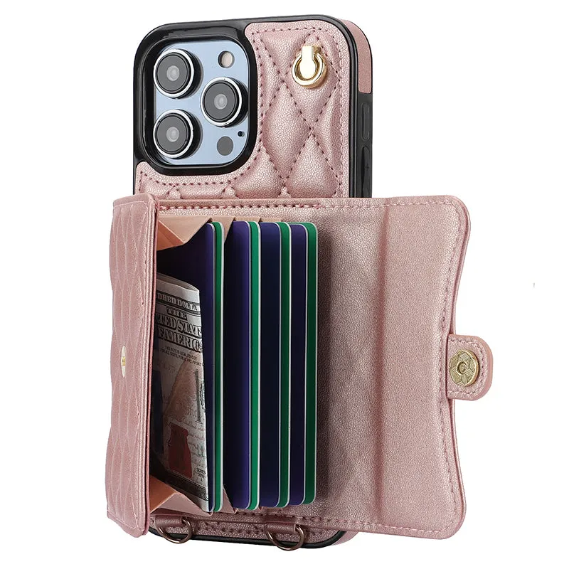 026 For iPhone 15 Pro Max PU Leather TPU Kickstand Cover RFID Blocking Card Slots Phone Case with Short and Long Straps