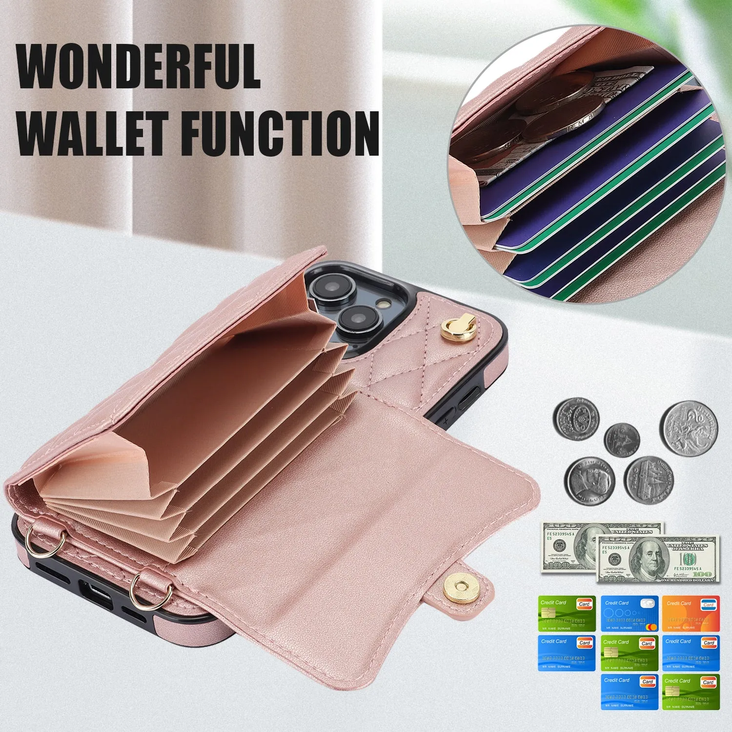 026 For iPhone 15 Pro Max PU Leather TPU Kickstand Cover RFID Blocking Card Slots Phone Case with Short and Long Straps