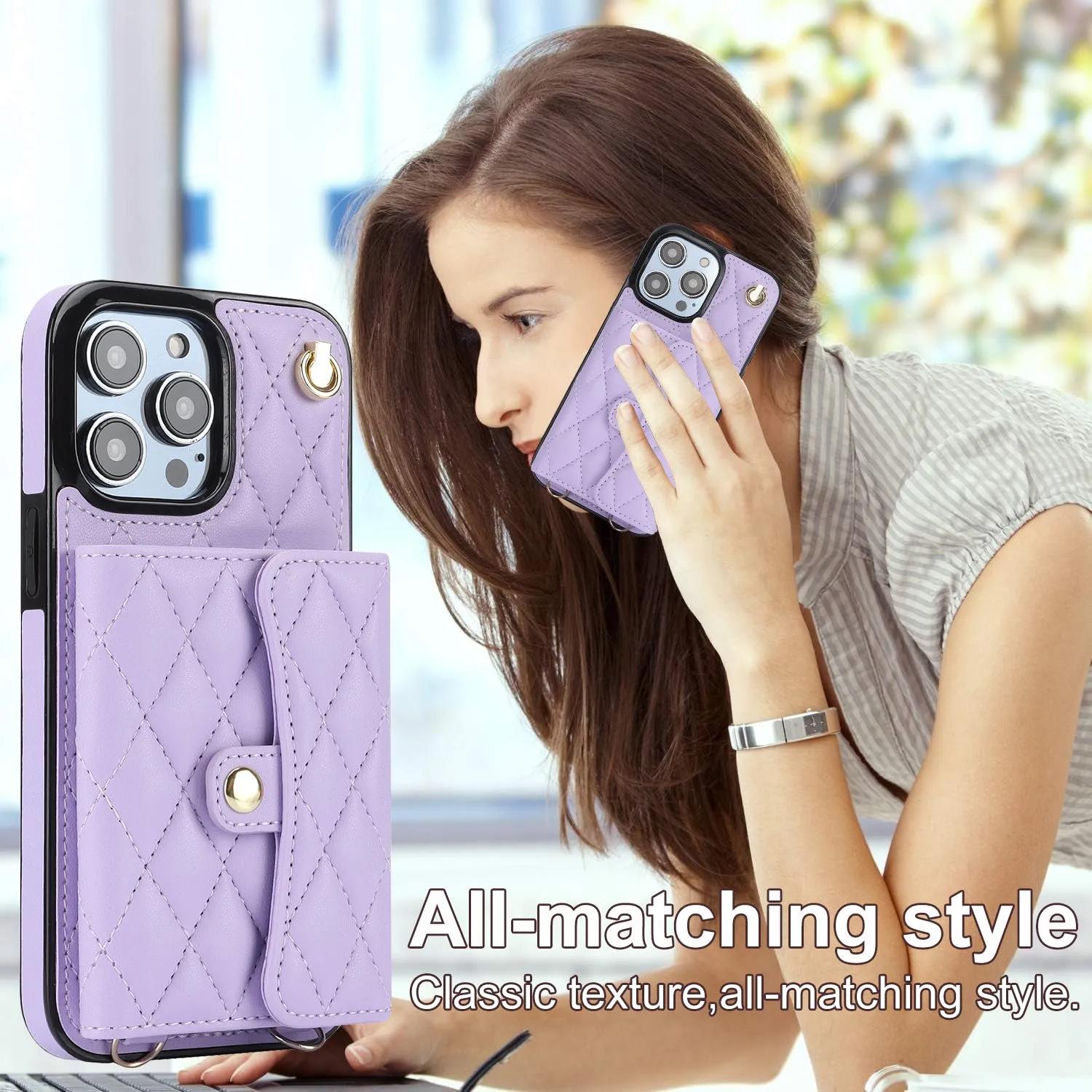 026 For iPhone 15 Pro Max PU Leather TPU Kickstand Cover RFID Blocking Card Slots Phone Case with Short and Long Straps