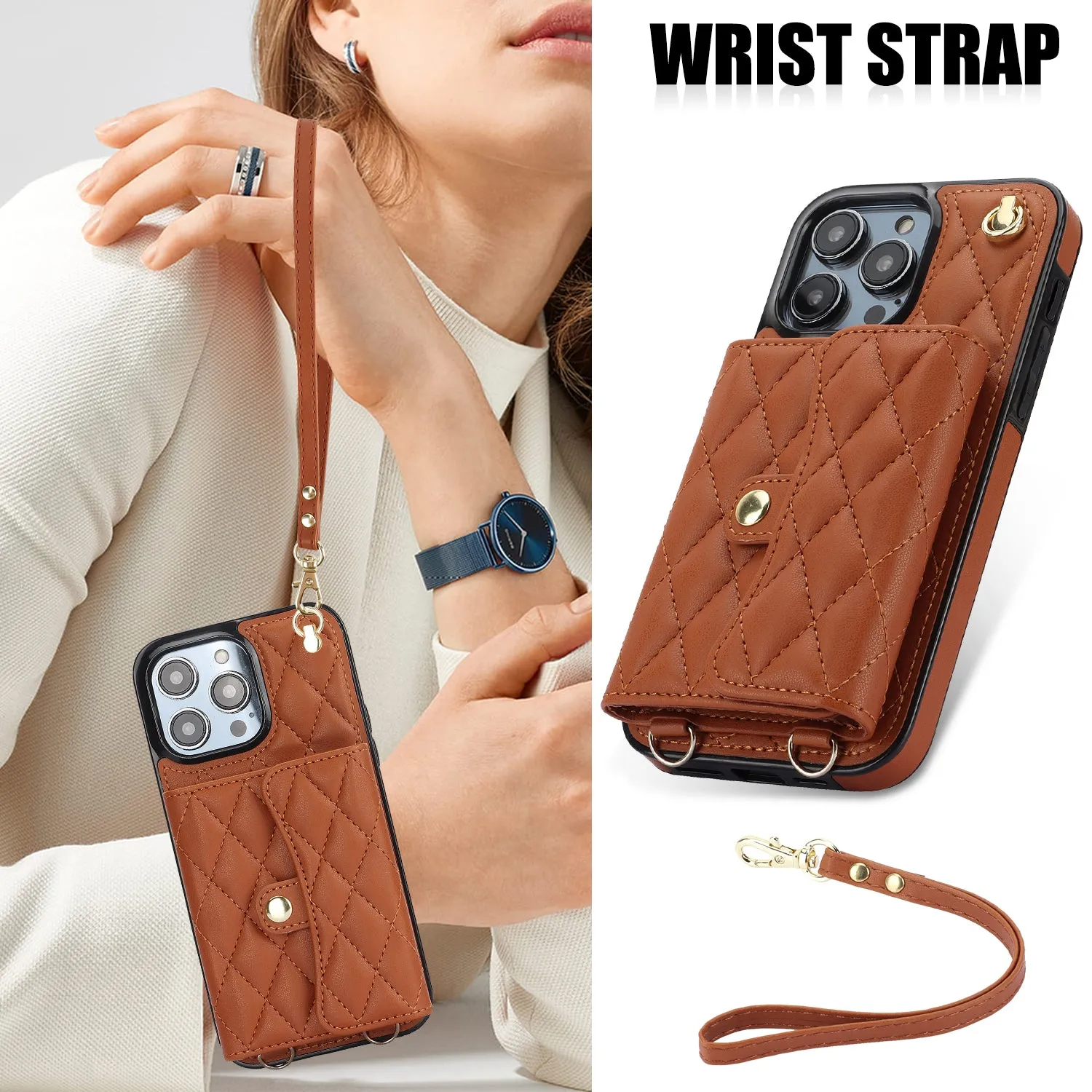 026 For iPhone 15 Pro Max PU Leather TPU Kickstand Cover RFID Blocking Card Slots Phone Case with Short and Long Straps