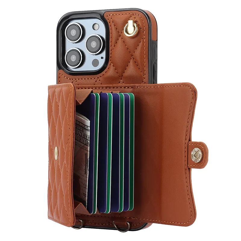 026 For iPhone 15 Pro Max PU Leather TPU Kickstand Cover RFID Blocking Card Slots Phone Case with Short and Long Straps