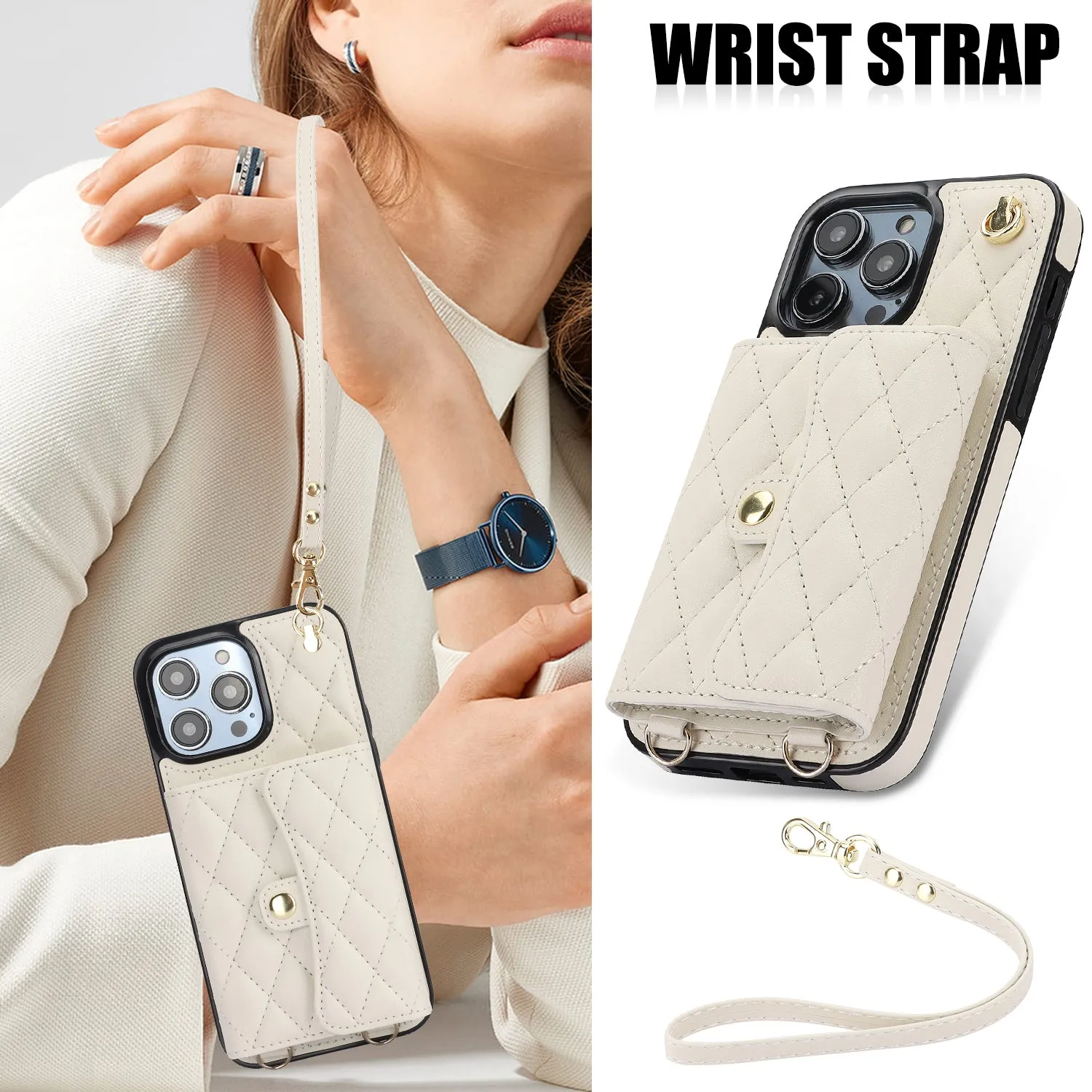 026 For iPhone 15 Pro Max PU Leather TPU Kickstand Cover RFID Blocking Card Slots Phone Case with Short and Long Straps