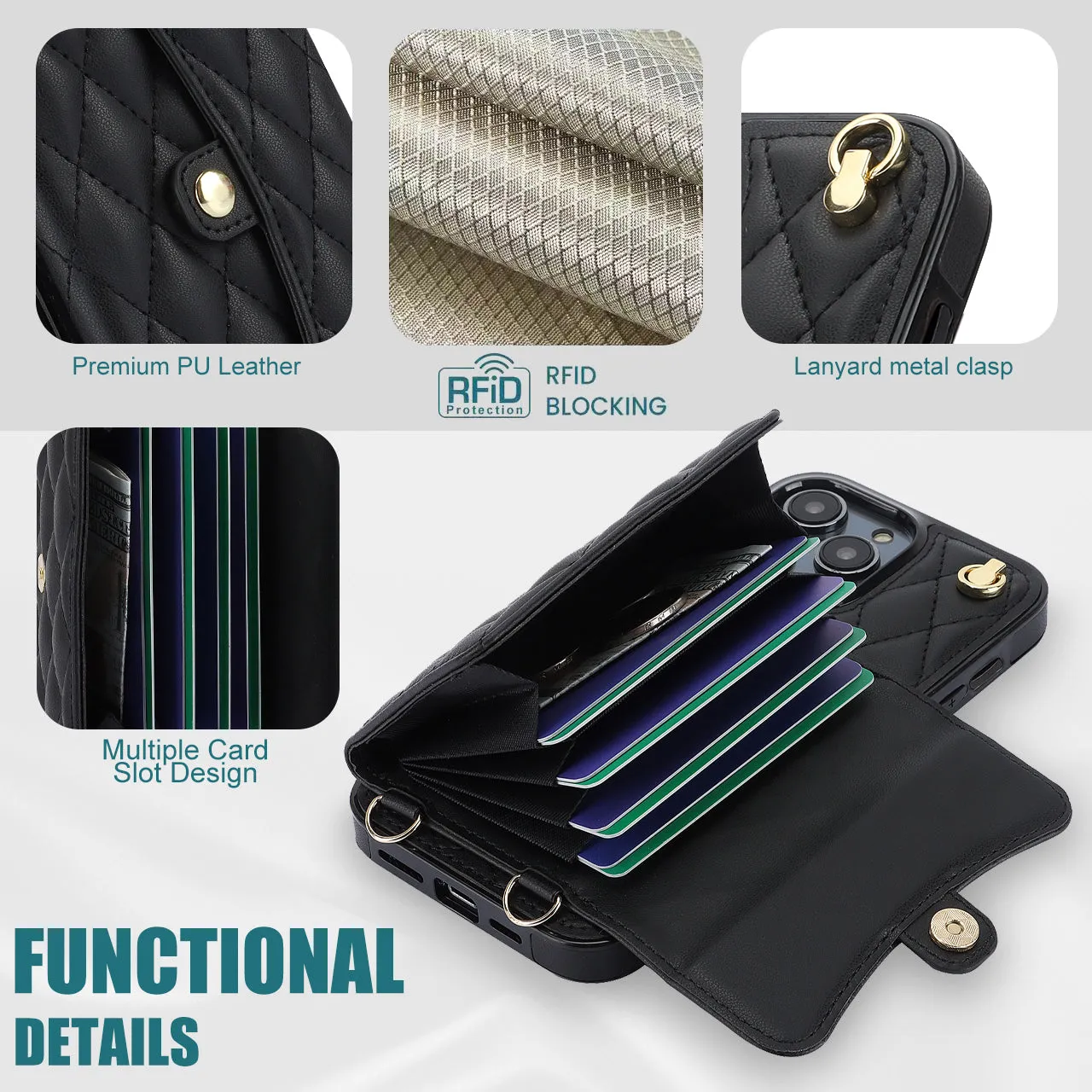 026 For iPhone 15 Pro Max PU Leather TPU Kickstand Cover RFID Blocking Card Slots Phone Case with Short and Long Straps