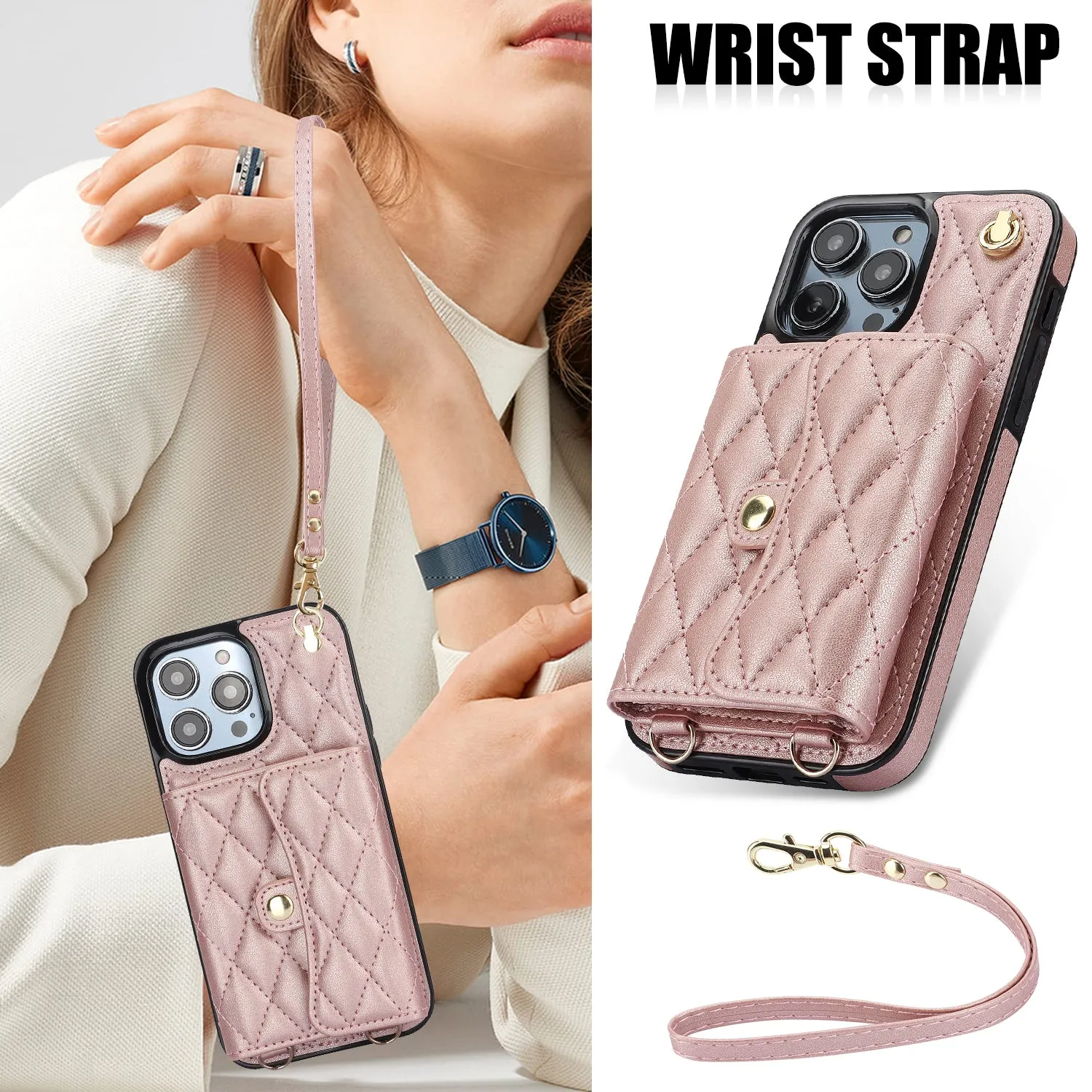 026 For iPhone 15 Pro Max PU Leather TPU Kickstand Cover RFID Blocking Card Slots Phone Case with Short and Long Straps