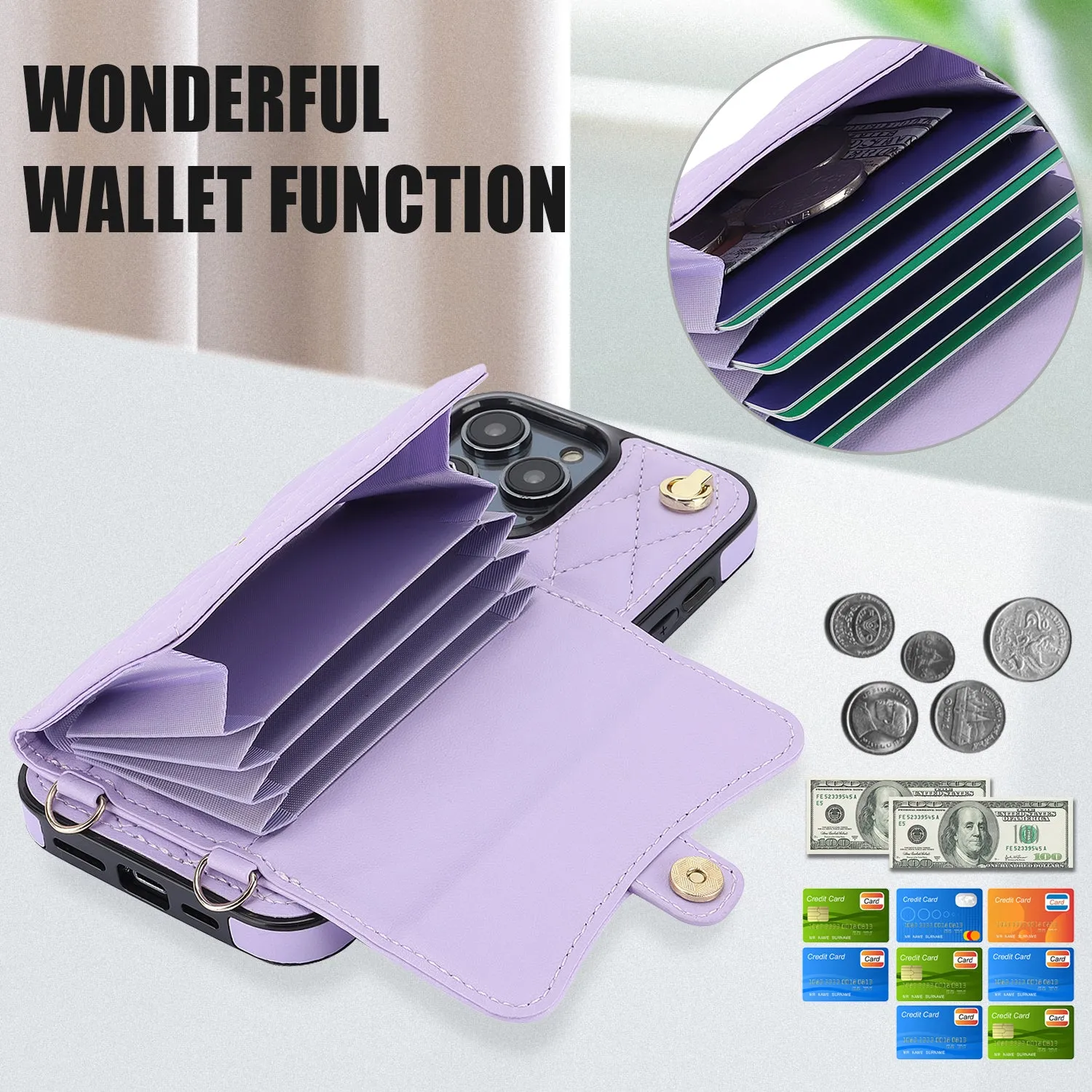 026 For iPhone 15 Pro Max PU Leather TPU Kickstand Cover RFID Blocking Card Slots Phone Case with Short and Long Straps