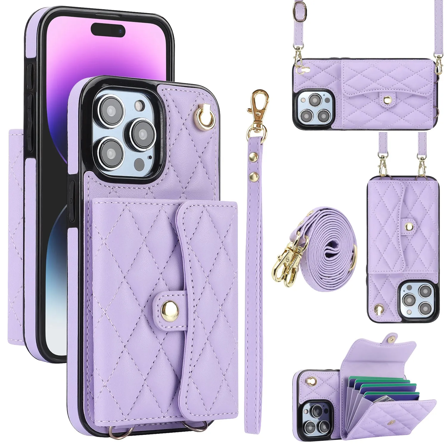 026 For iPhone 15 Pro Max PU Leather TPU Kickstand Cover RFID Blocking Card Slots Phone Case with Short and Long Straps