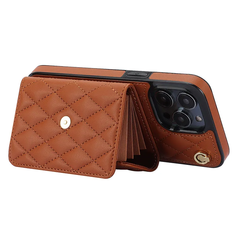 026 For iPhone 15 Pro Max PU Leather TPU Kickstand Cover RFID Blocking Card Slots Phone Case with Short and Long Straps