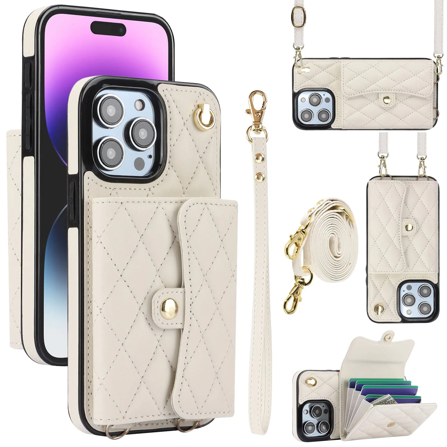 026 For iPhone 15 Pro Max PU Leather TPU Kickstand Cover RFID Blocking Card Slots Phone Case with Short and Long Straps