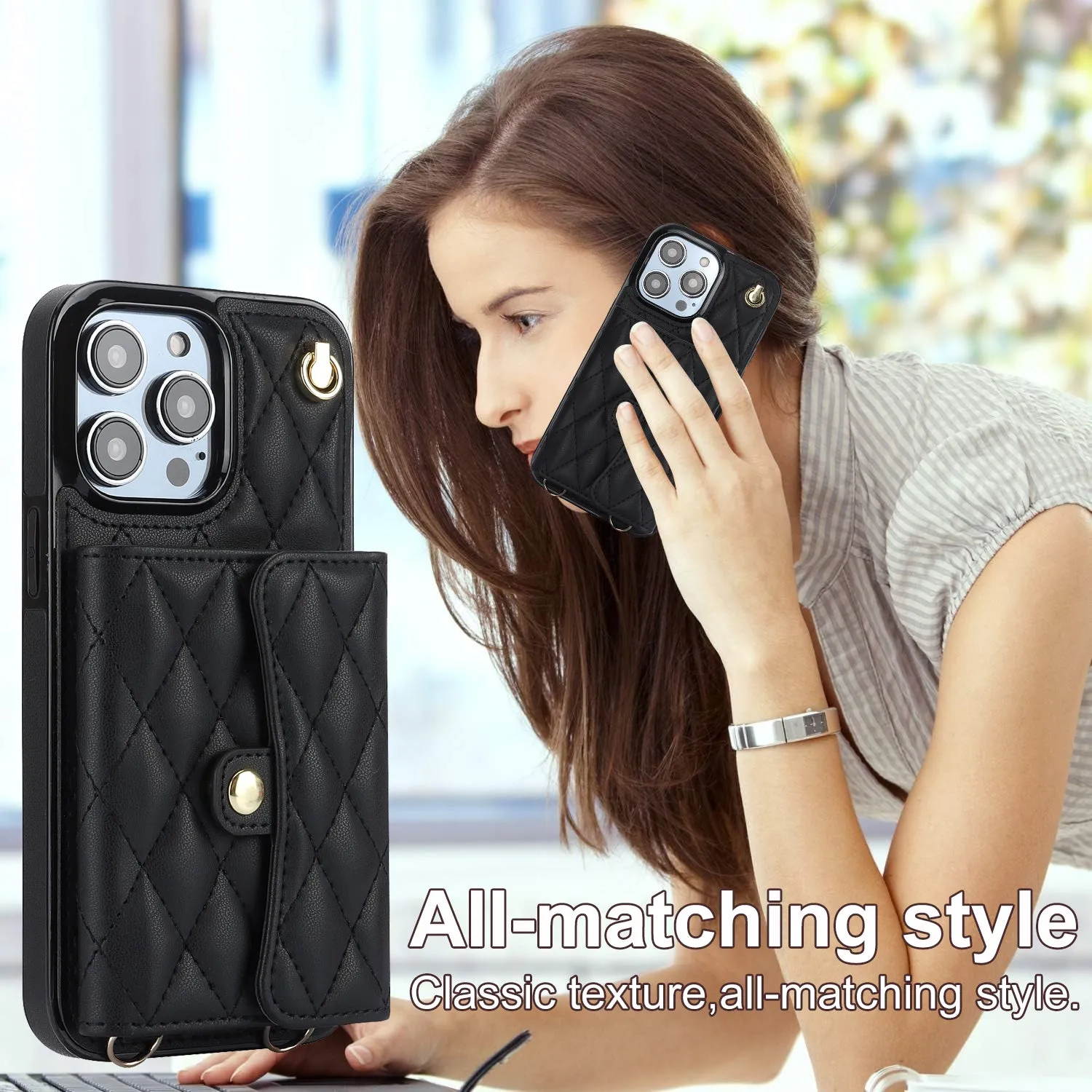 026 For iPhone 15 Pro Max PU Leather TPU Kickstand Cover RFID Blocking Card Slots Phone Case with Short and Long Straps