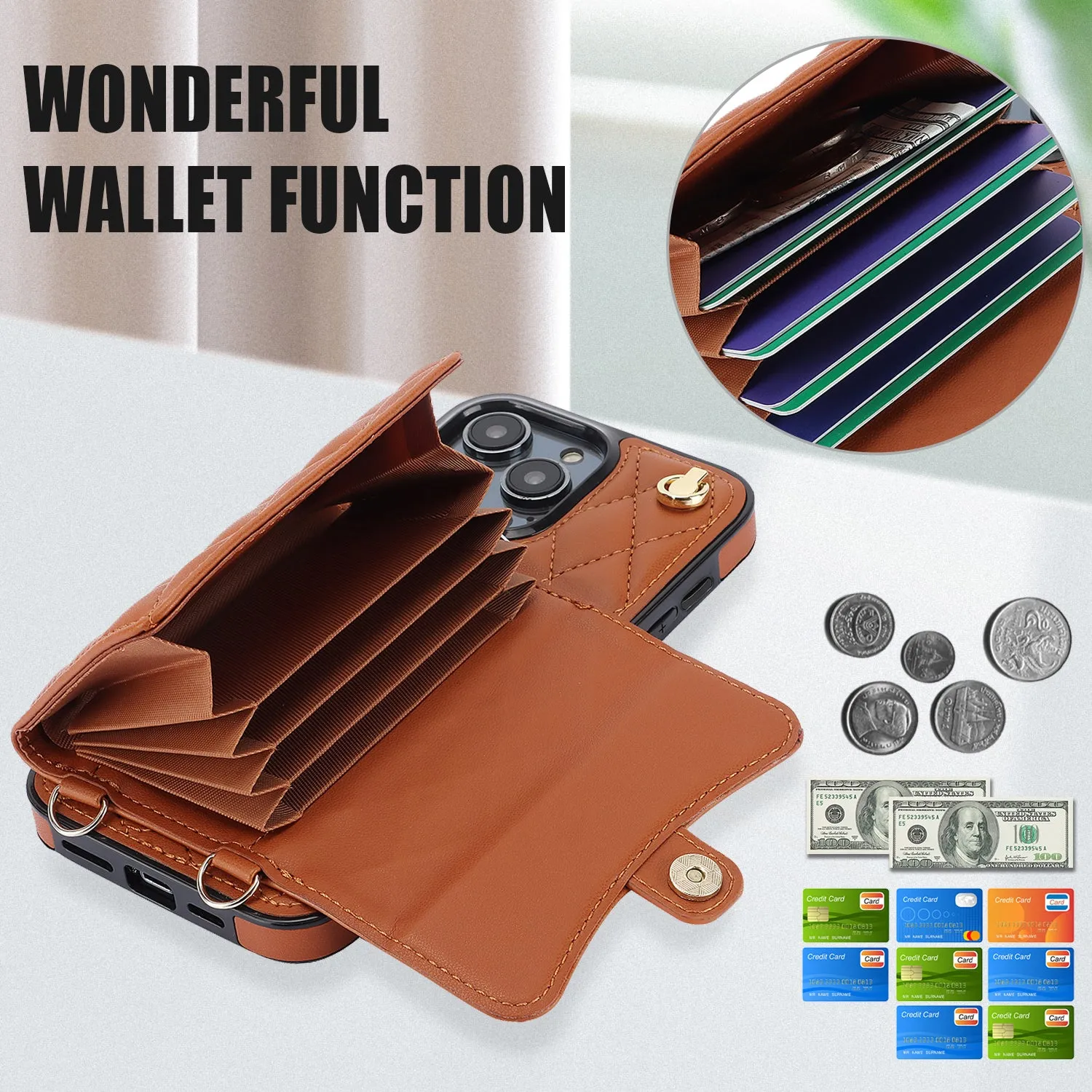 026 For iPhone 15 Pro Max PU Leather TPU Kickstand Cover RFID Blocking Card Slots Phone Case with Short and Long Straps