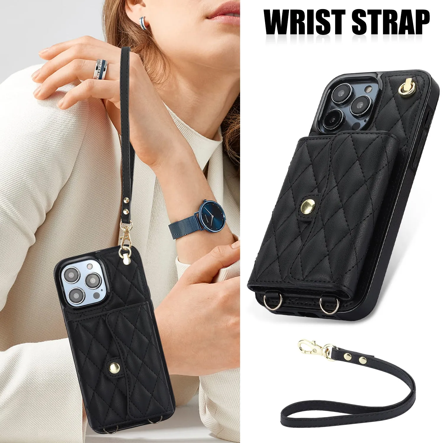 026 For iPhone 15 Pro Max PU Leather TPU Kickstand Cover RFID Blocking Card Slots Phone Case with Short and Long Straps