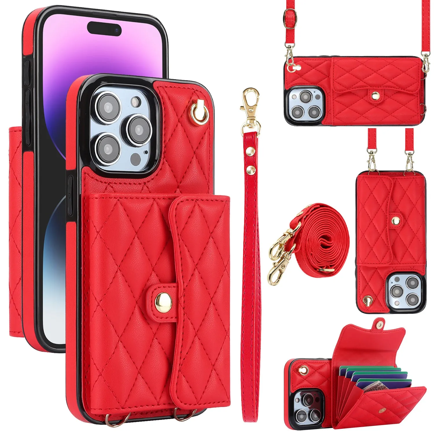 026 For iPhone 15 Pro Max PU Leather TPU Kickstand Cover RFID Blocking Card Slots Phone Case with Short and Long Straps