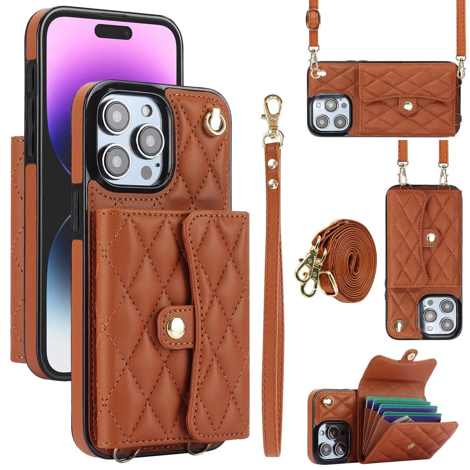 026 For iPhone 15 Pro Max PU Leather TPU Kickstand Cover RFID Blocking Card Slots Phone Case with Short and Long Straps