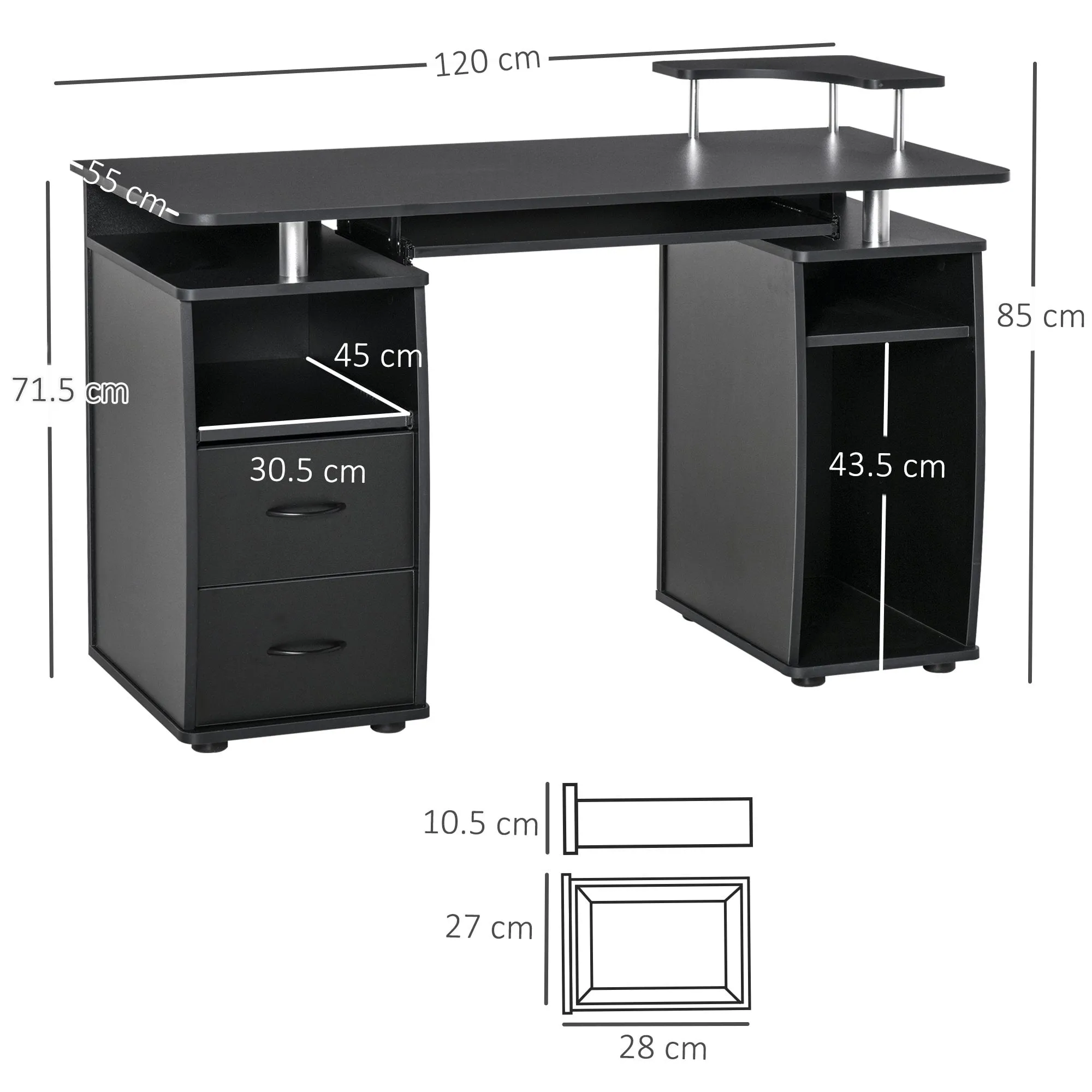 120L x 55W x 85H cm Computer Desk Office PC Table Workstation with  Keyboard Tray, CPU Shelf, Drawers, Sliding Scanner Shelf, Black