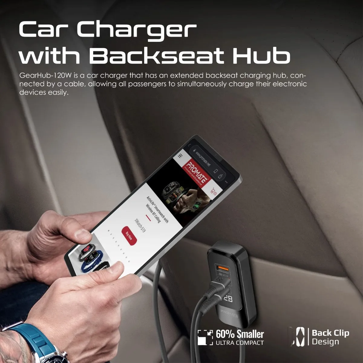 120W RapidCharge™ Car Charger with Multi-Port Backseat Charging Hub