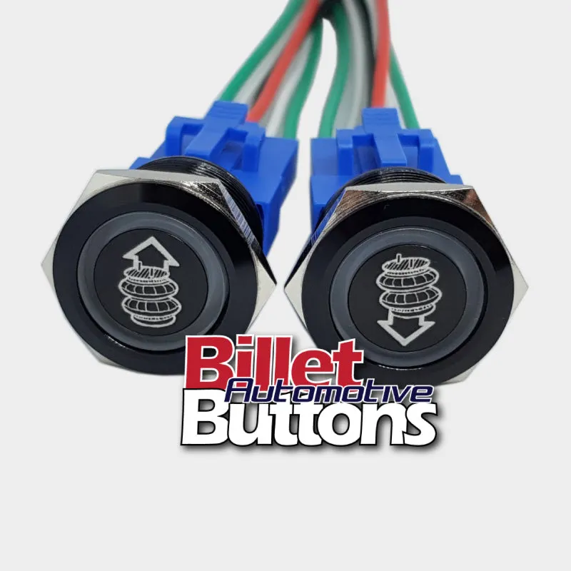 22mm Pair 'AIRBAG SUSPENSION SYMBOLS' Billet Push Buttons Switches Up Down air